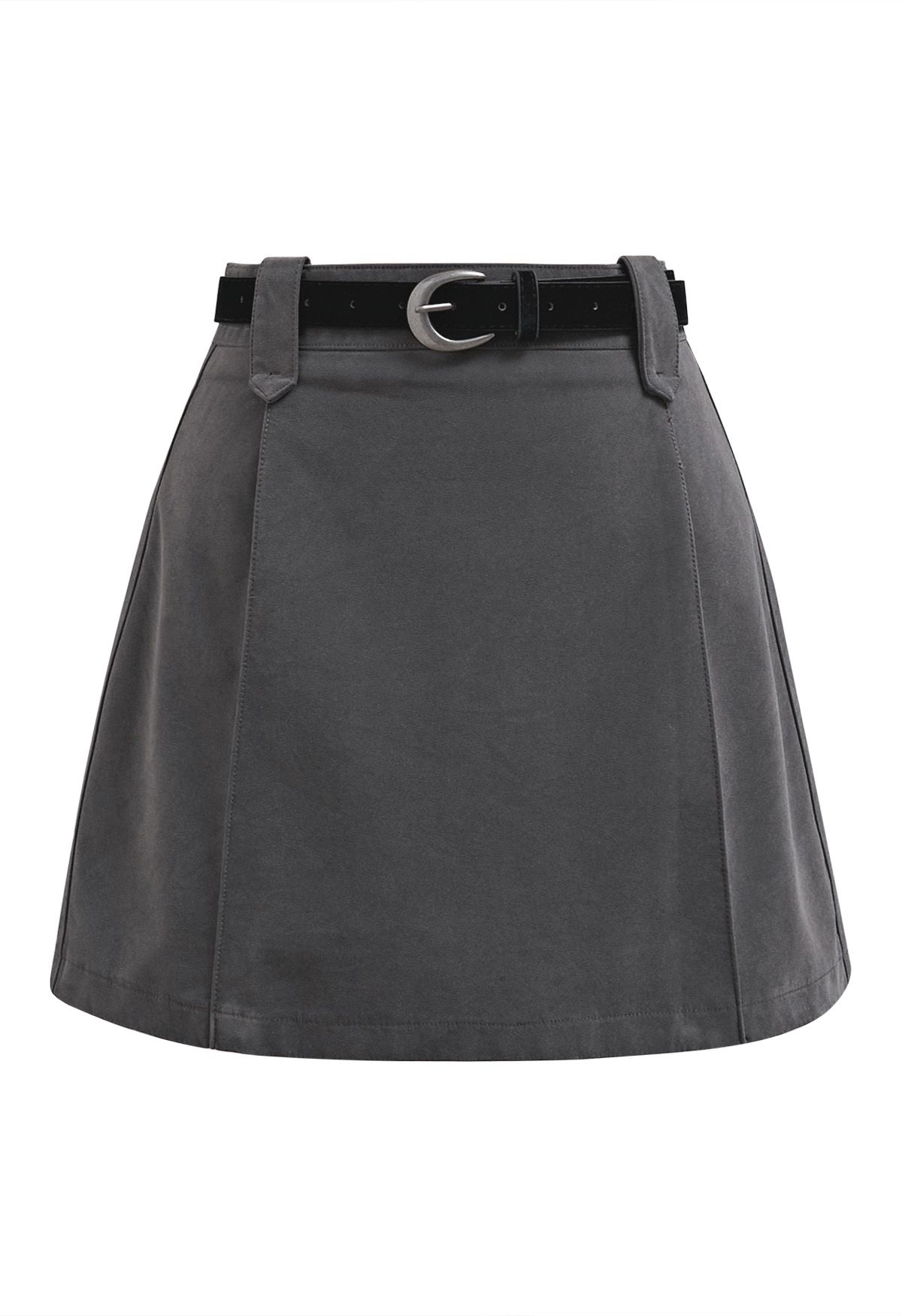 Time-Traveled Faux Suede Belted Mini Skirt in Smoke