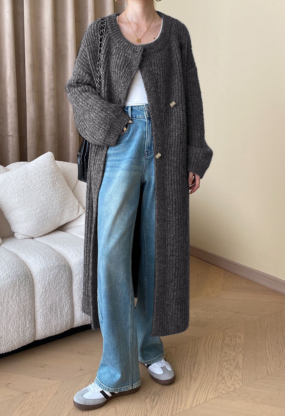 Warmth Wrapped Asymmetric Buttoned Knit Longline Cardigan in Smoke