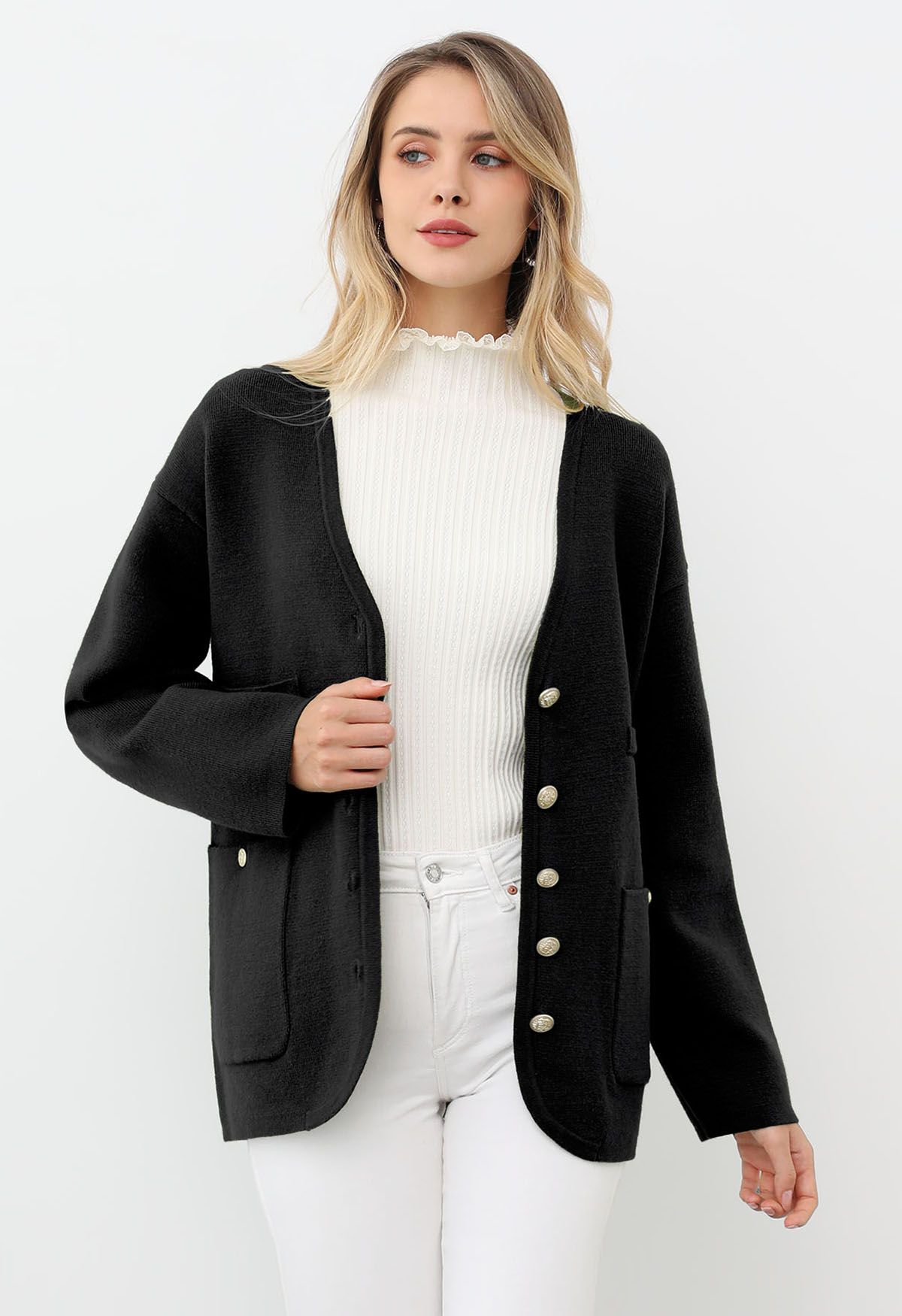 Impressive Patch Pocket Button Down Knit Cardigan in Black