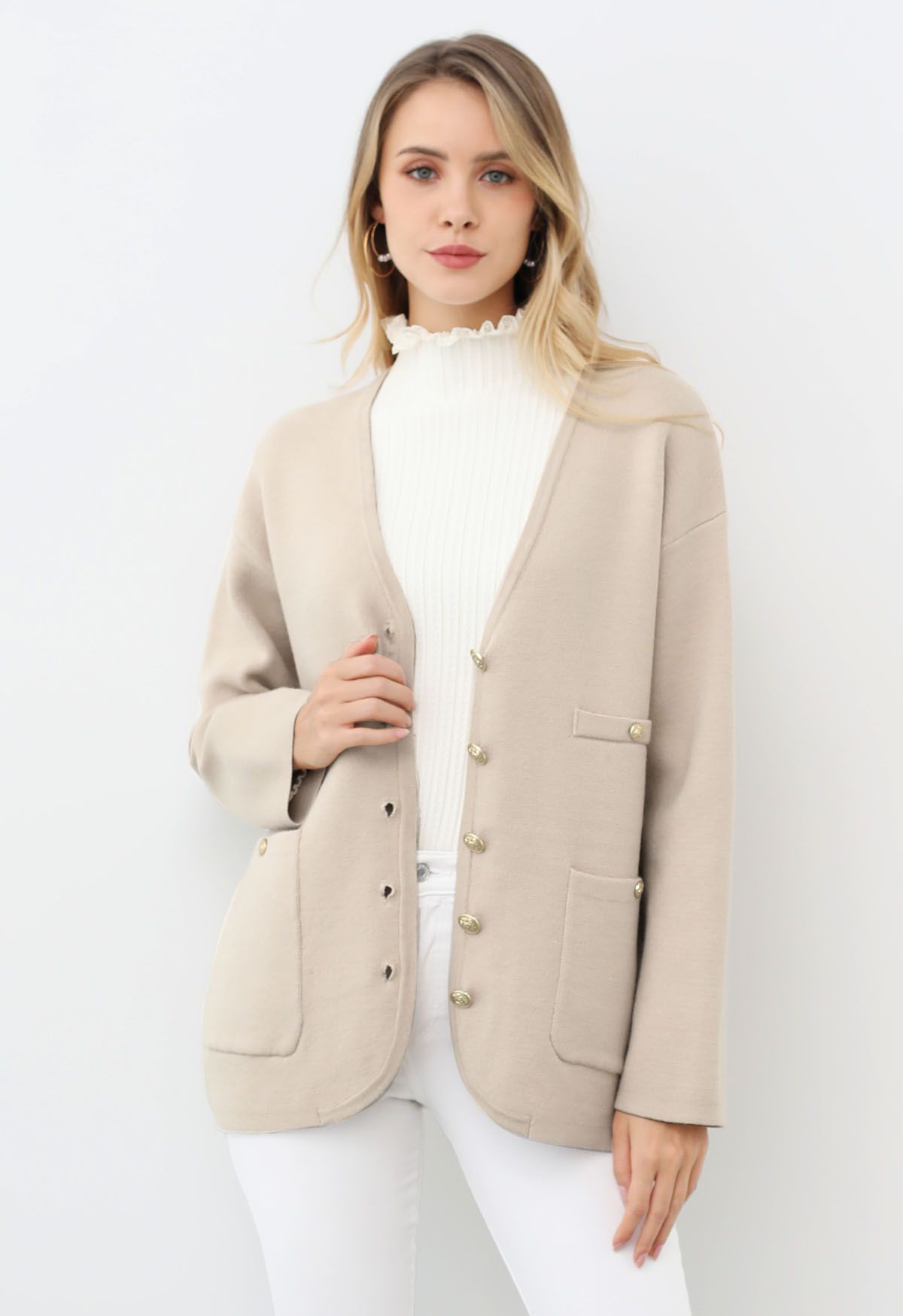 Impressive Patch Pocket Button Down Knit Cardigan in Light Tan