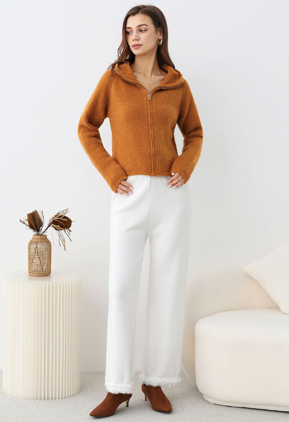 Winter Essentials Hooded Zip-Up Knit Cardigan in Orange