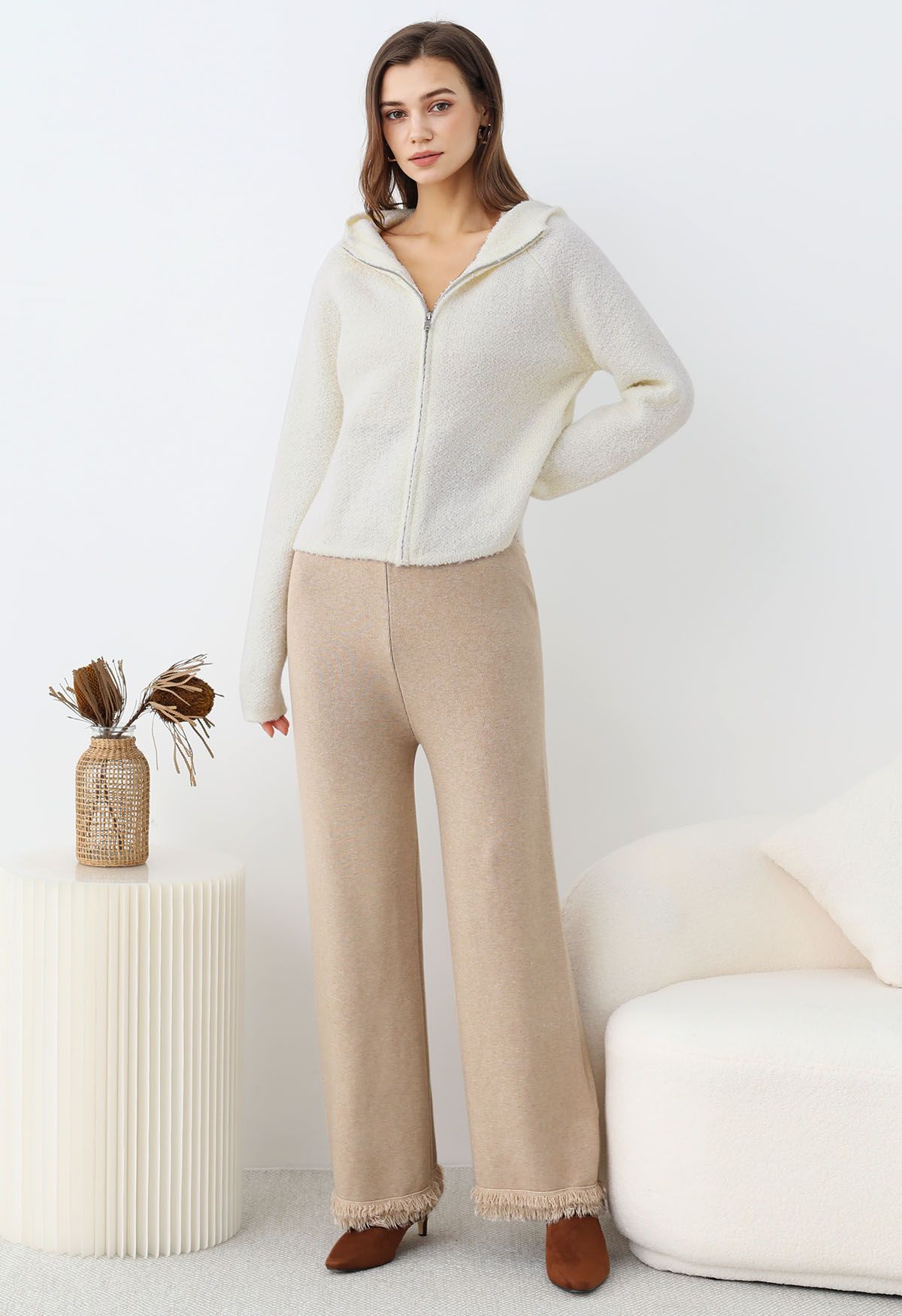 Casual Tie-String Fringed Knit Pants in Sand