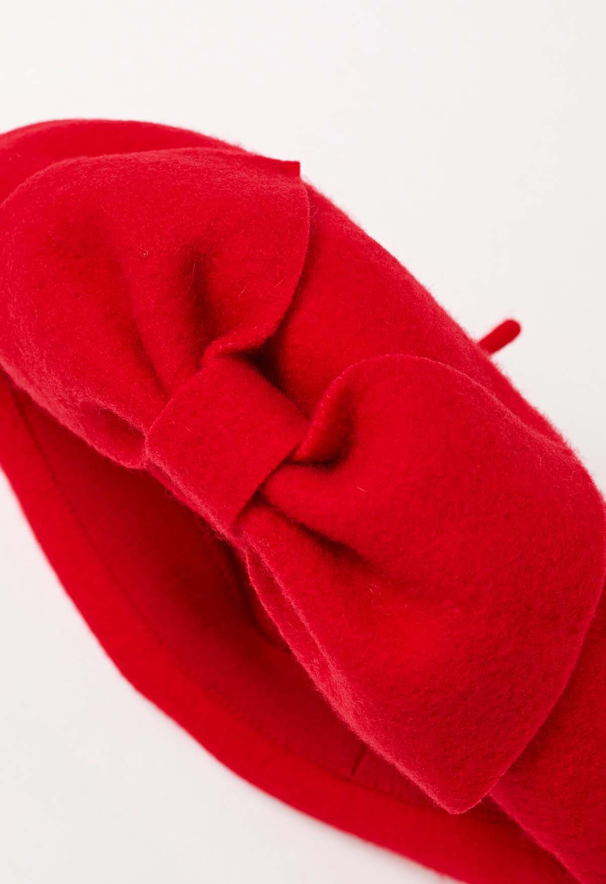 French-Inspired Bowknot Wool Beret in Red