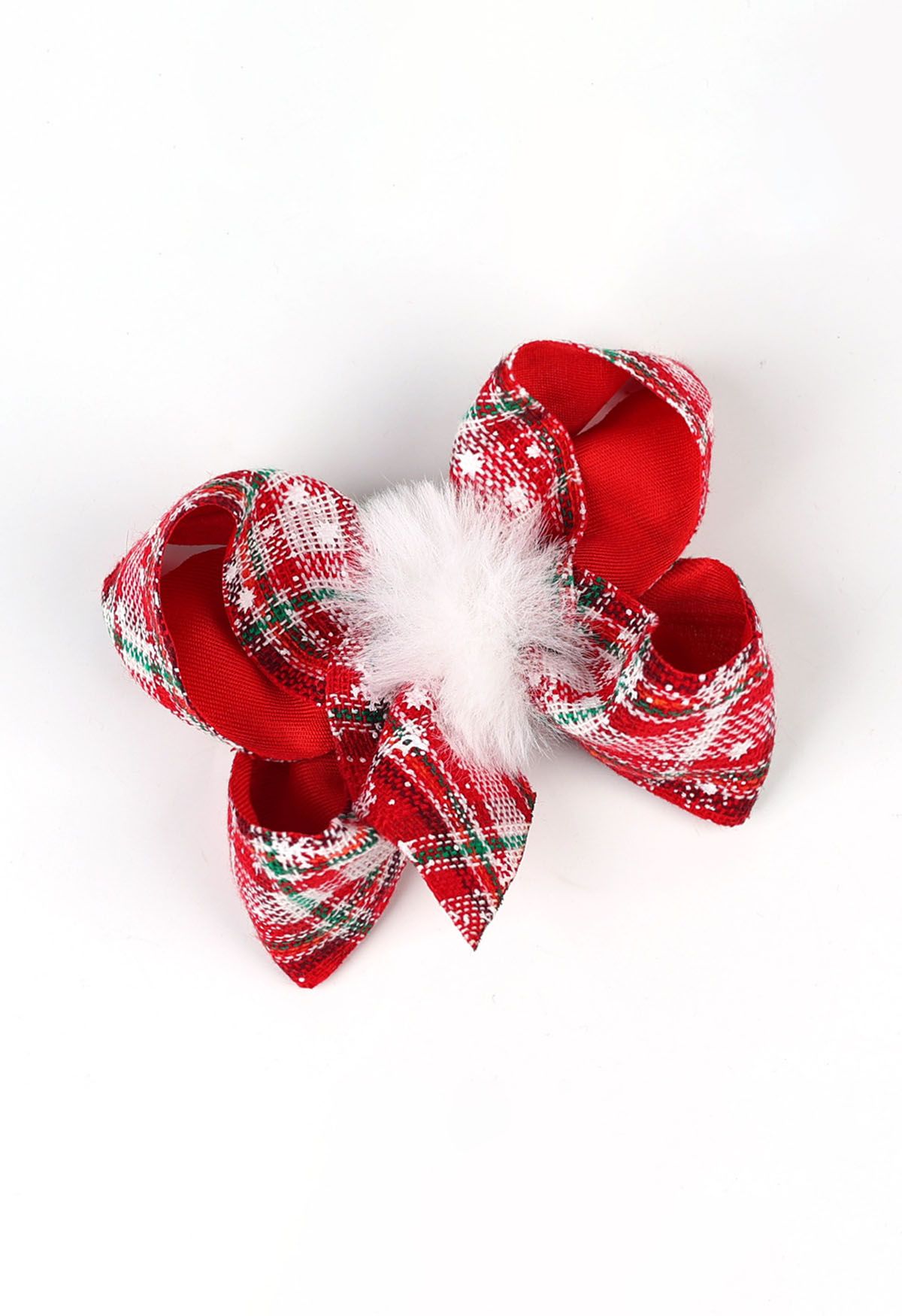 Fuzzy Pom-Pom Plaid Bowknot Hair Clip