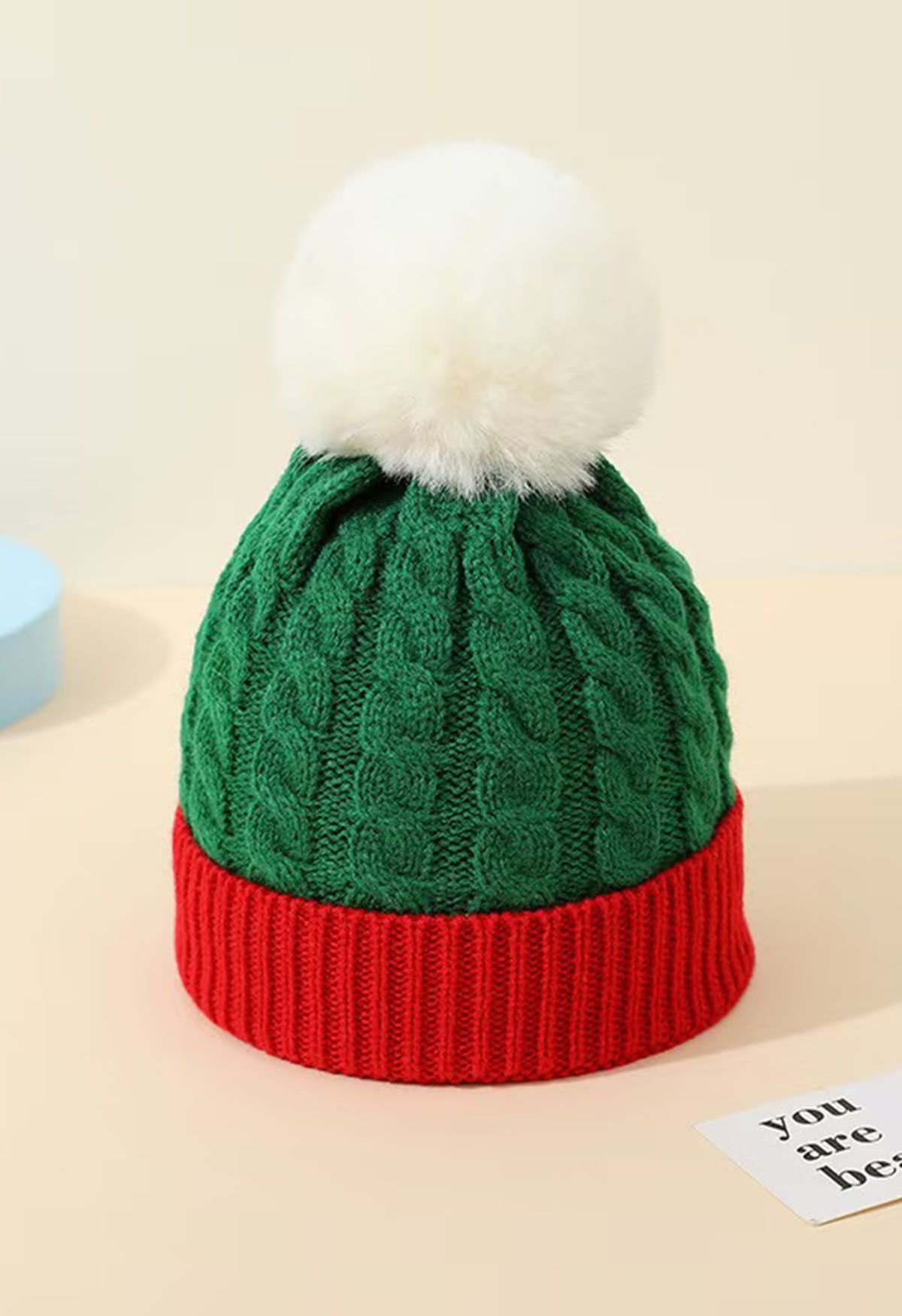 Fuzzy Pom-Pom Braid Knit Beanie Hat in Green