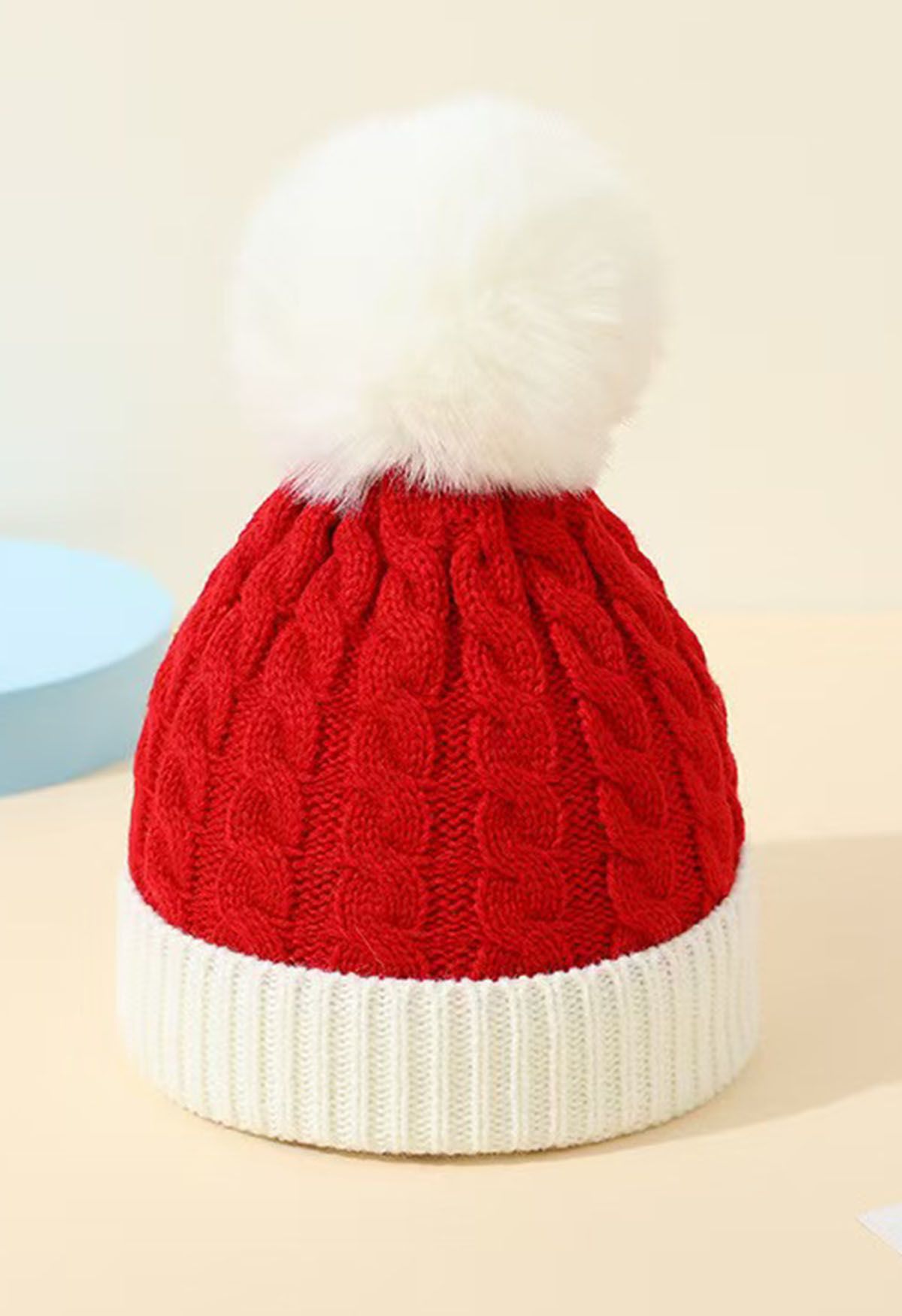 Fuzzy Pom-Pom Braid Knit Beanie Hat in Red