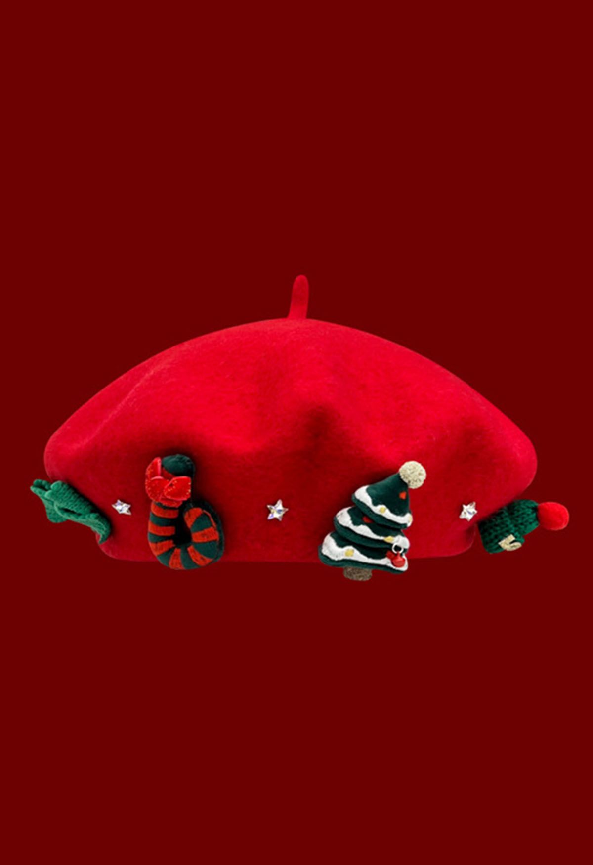 Christmas-Themed Wool-Blend Beret in Red