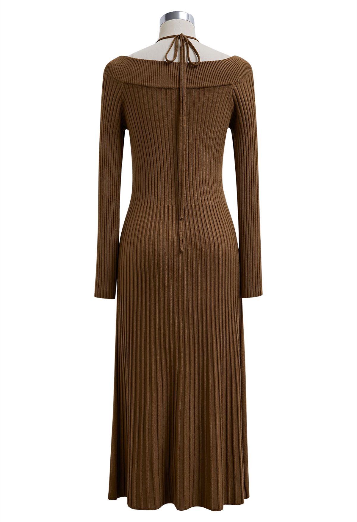 Self-Tie Halter Off-Shoulder Ribbed Knit Midi Dress in Caramel