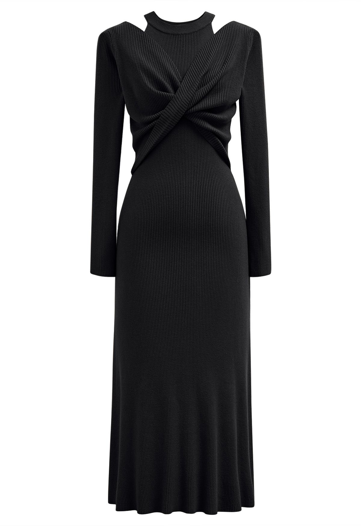 Cutout Shoulders Cross Front Knit Midi Dress in Black