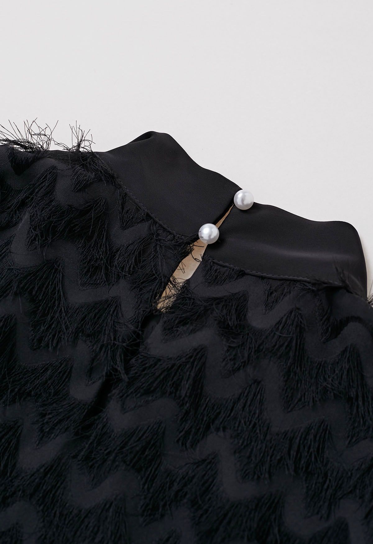 Satin Bowknot Wavy Tassel Overlay Shirt in Black