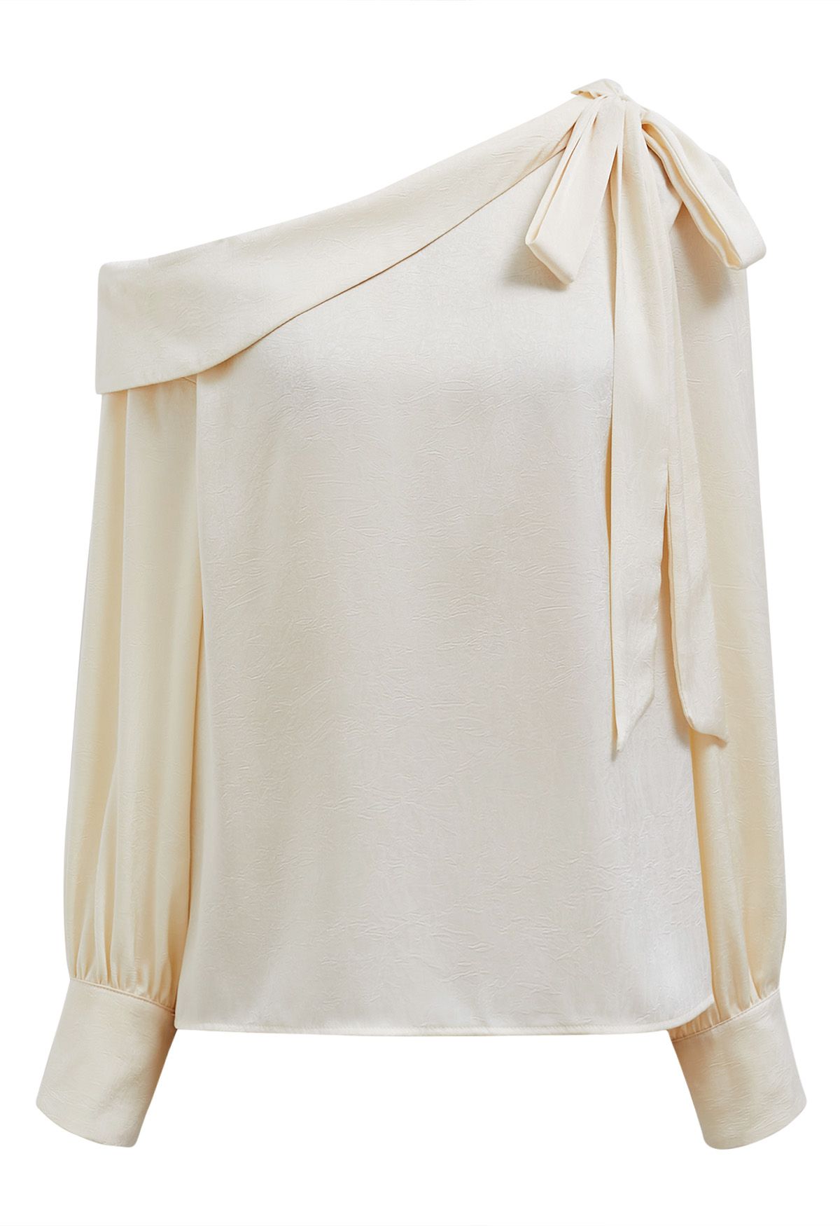 One-Shoulder Bowknot Flap Satin Top in Cream