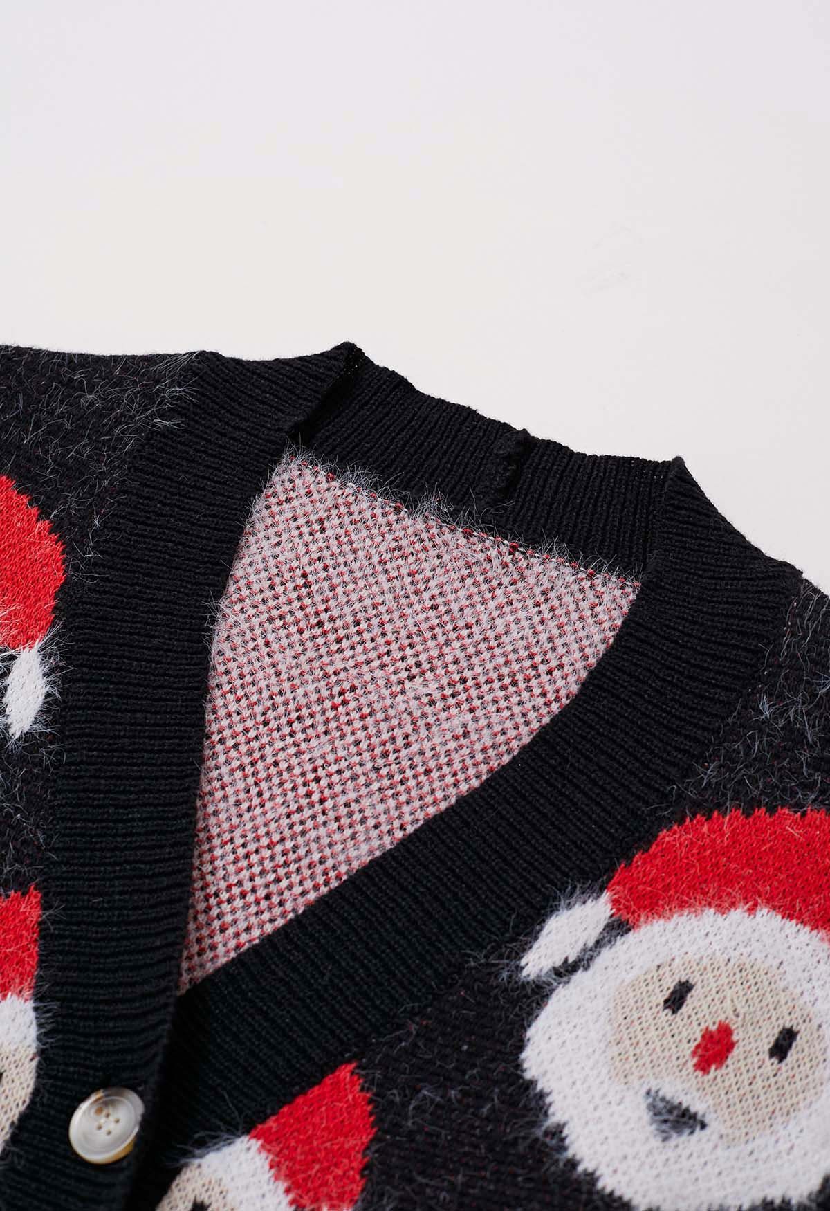 Fuzzy Santa Claus Button Down Knit Cardigan in Black