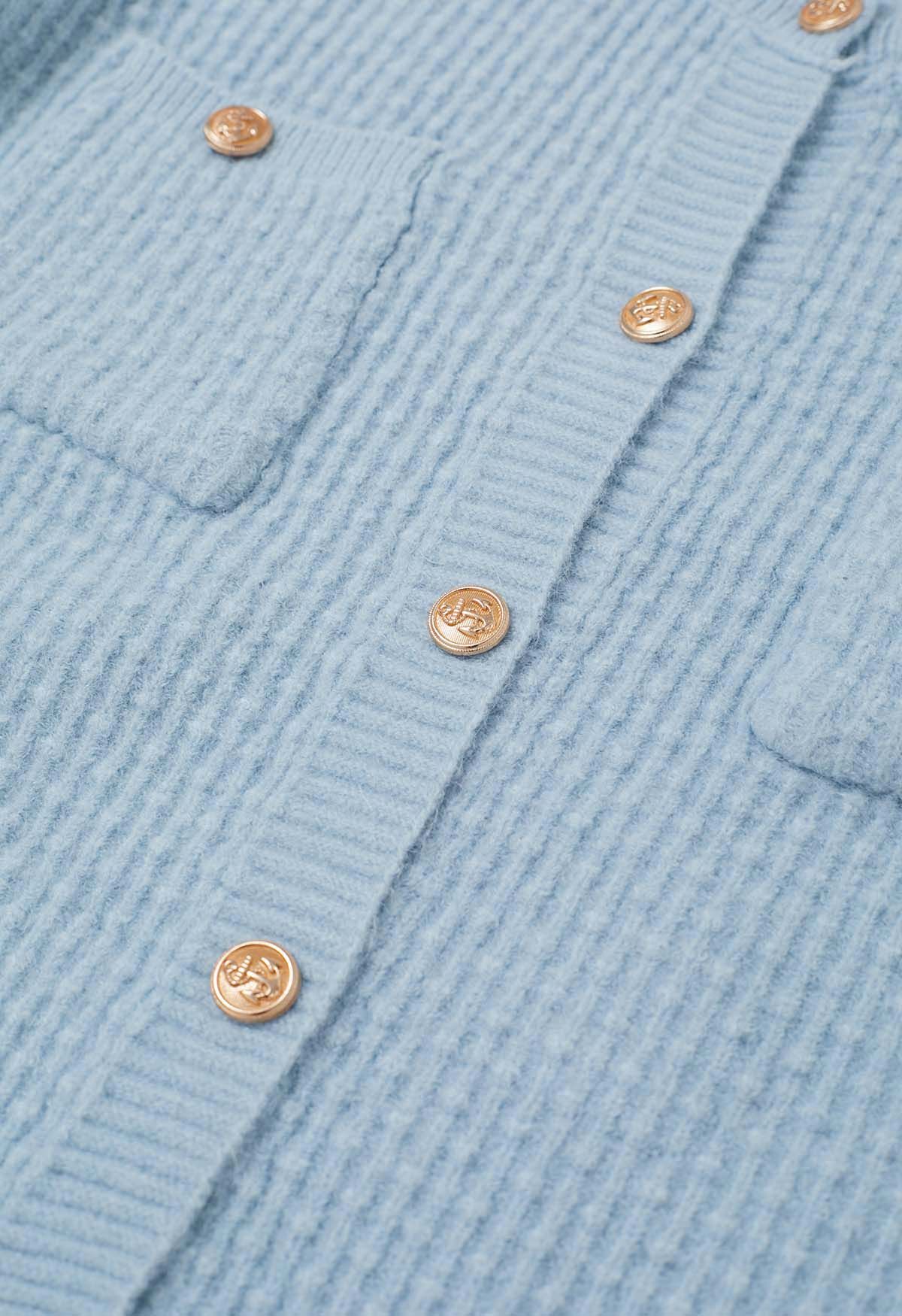 Embossed Dots Patch Pocket Buttoned Knit Cardigan in Baby Blue