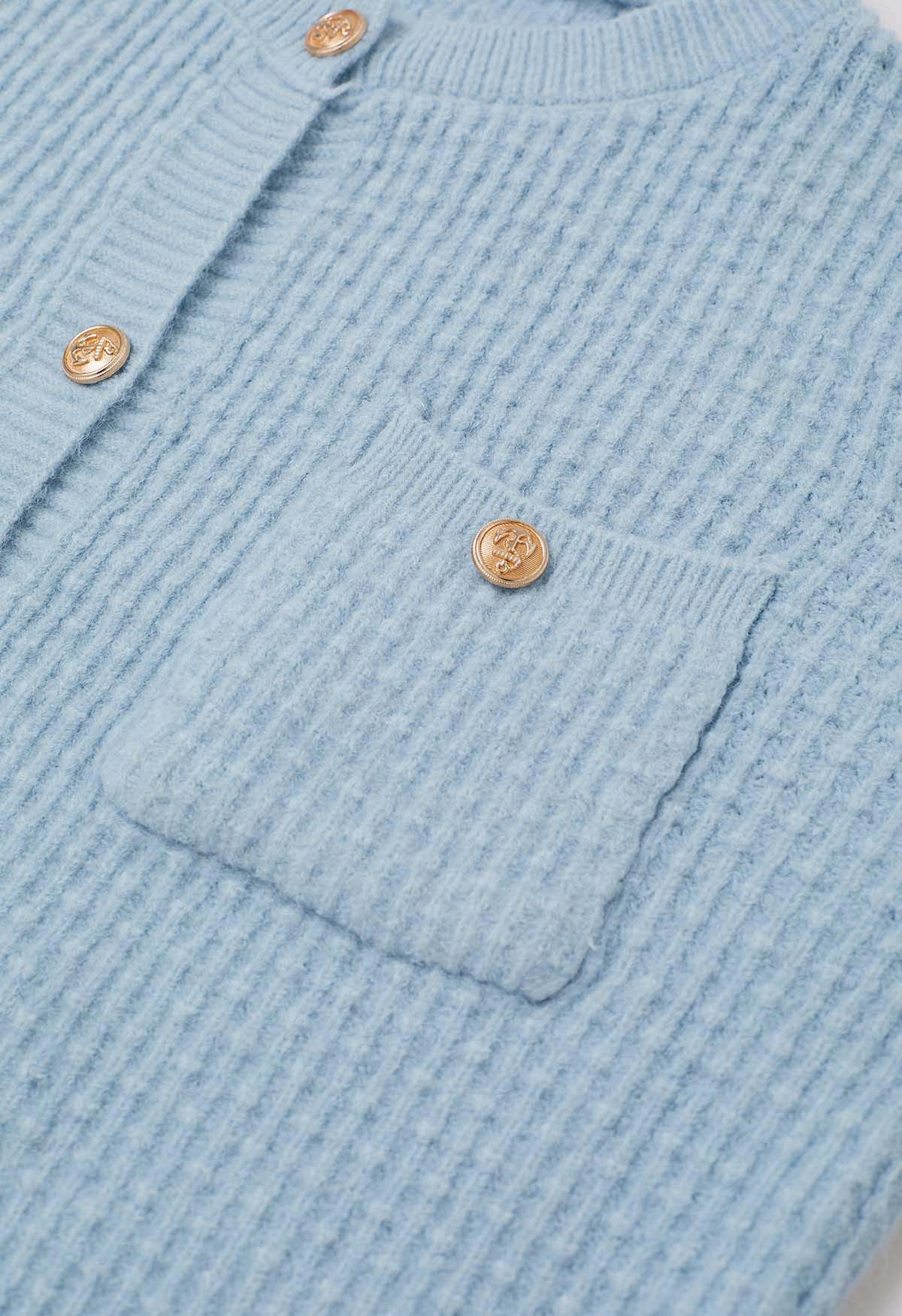 Embossed Dots Patch Pocket Buttoned Knit Cardigan in Baby Blue