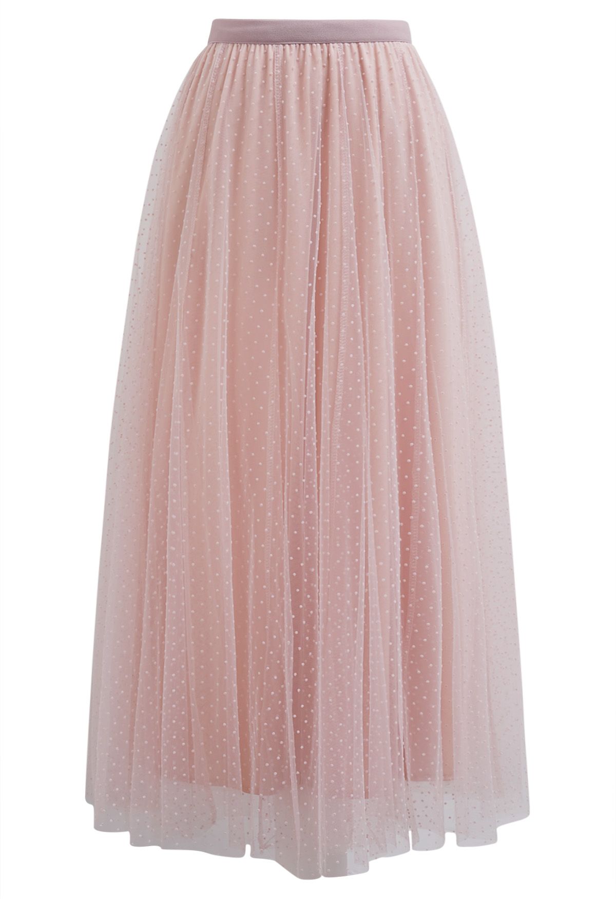 Flock Dots Double-Layered Mesh Tulle Maxi Skirt in Pink