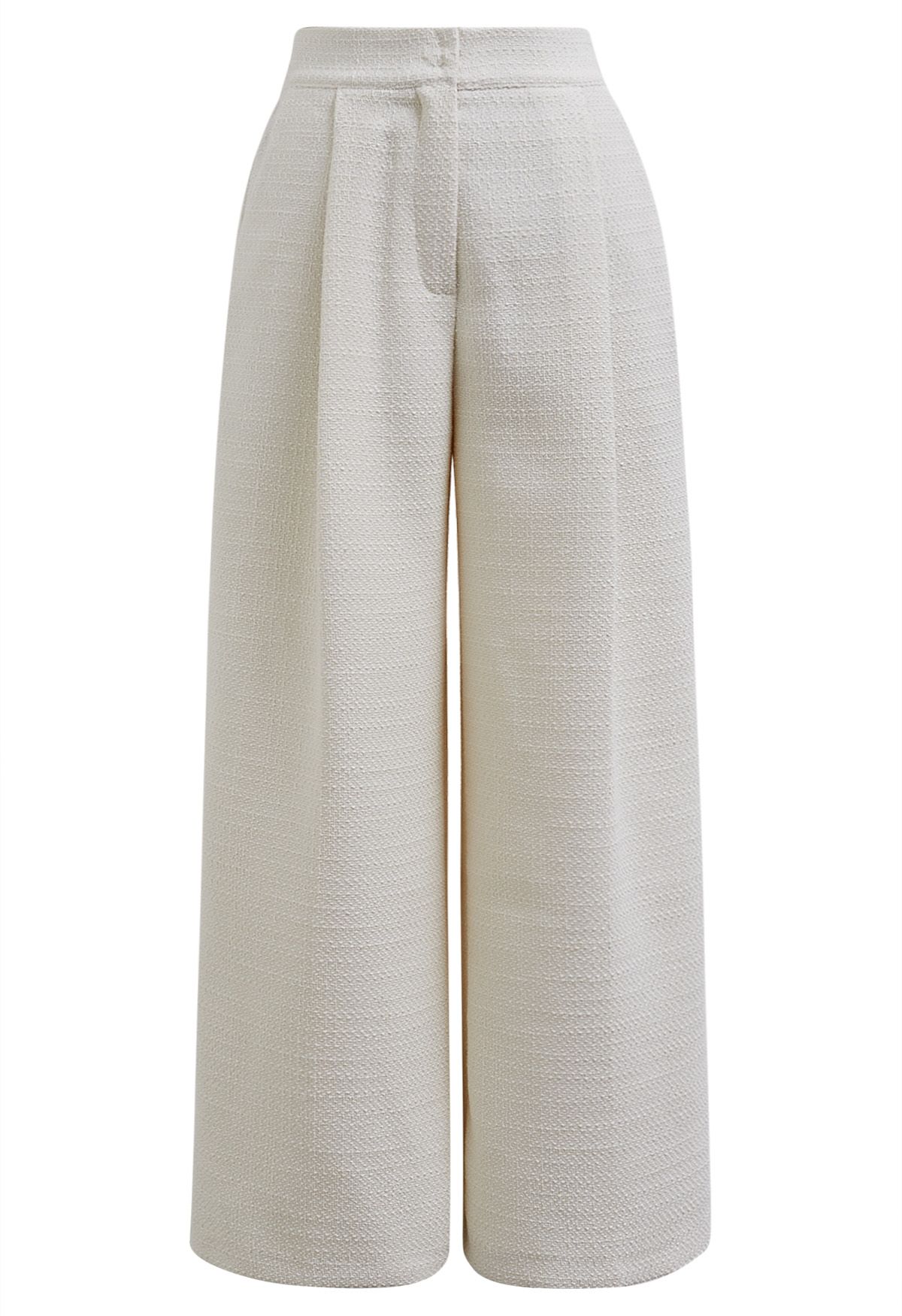 Stylish Tweed Pleats Palazzo Pants in Ivory