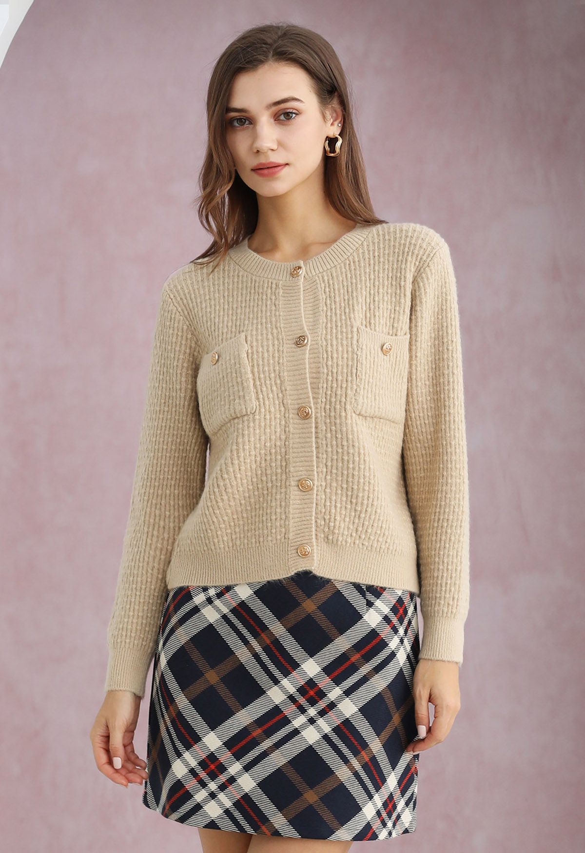 Embossed Dots Patch Pocket Buttoned Knit Cardigan in Camel