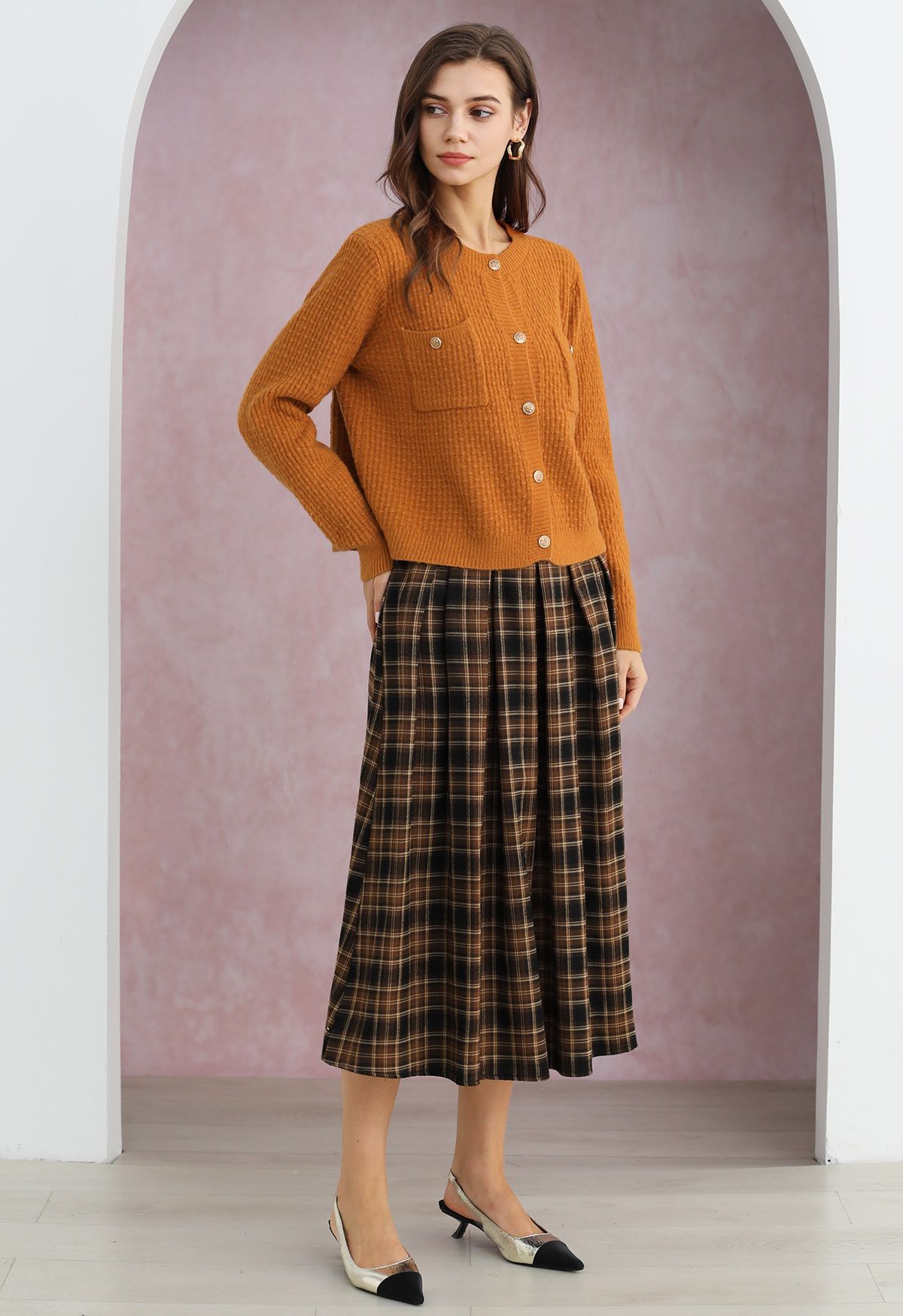 Iconic Aspect Plaid Pattern Pleated Midi Skirt