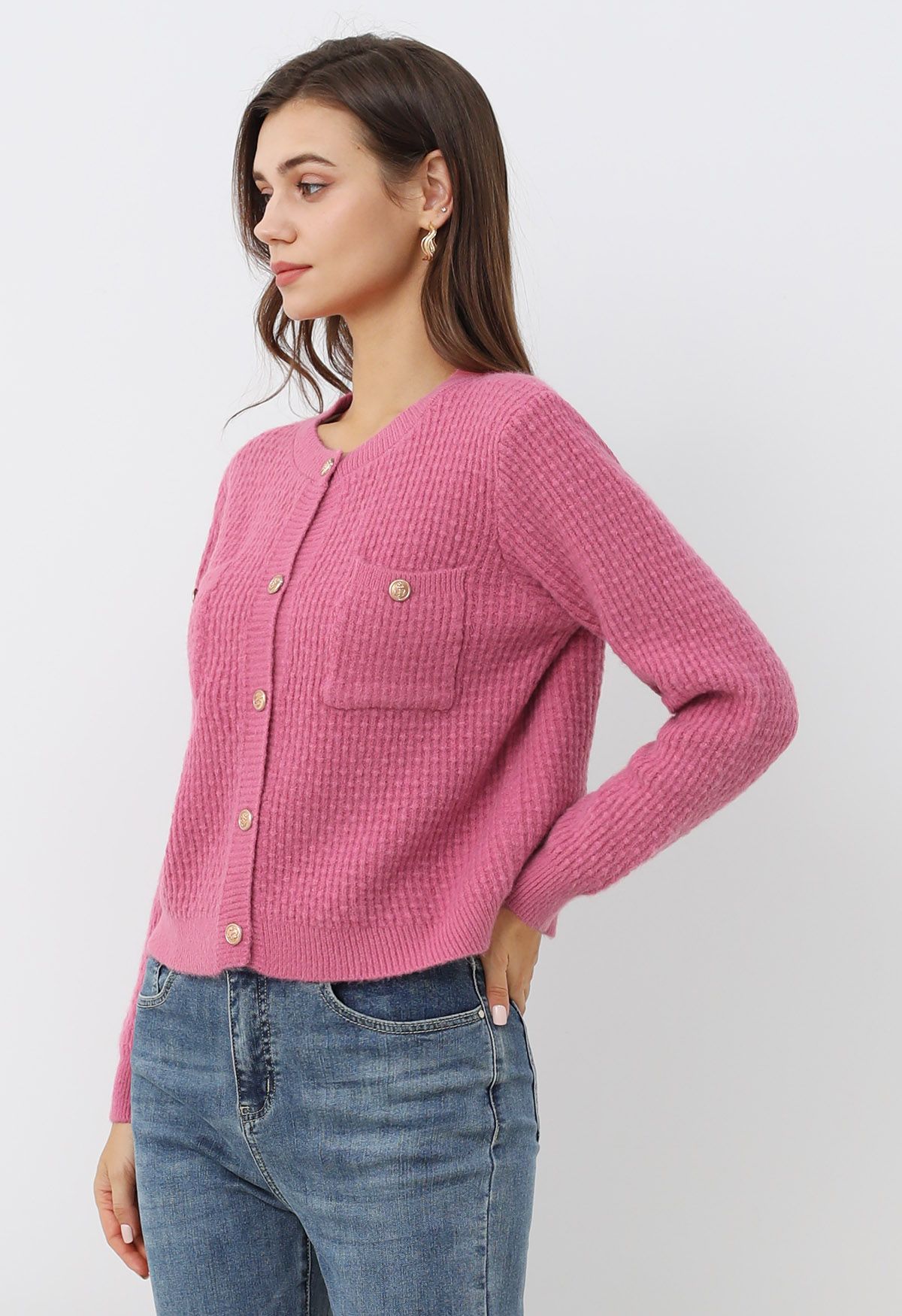 Embossed Dots Patch Pocket Buttoned Knit Cardigan in Pink