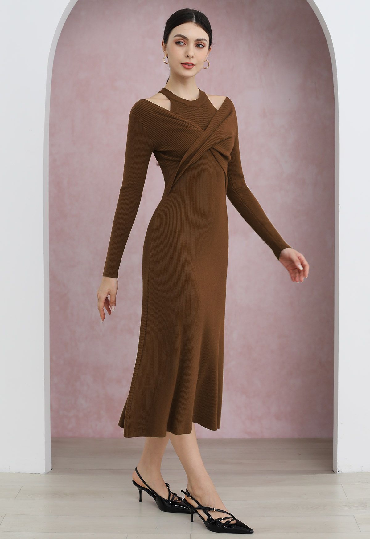 Cutout Shoulders Cross Front Knit Midi Dress in Caramel