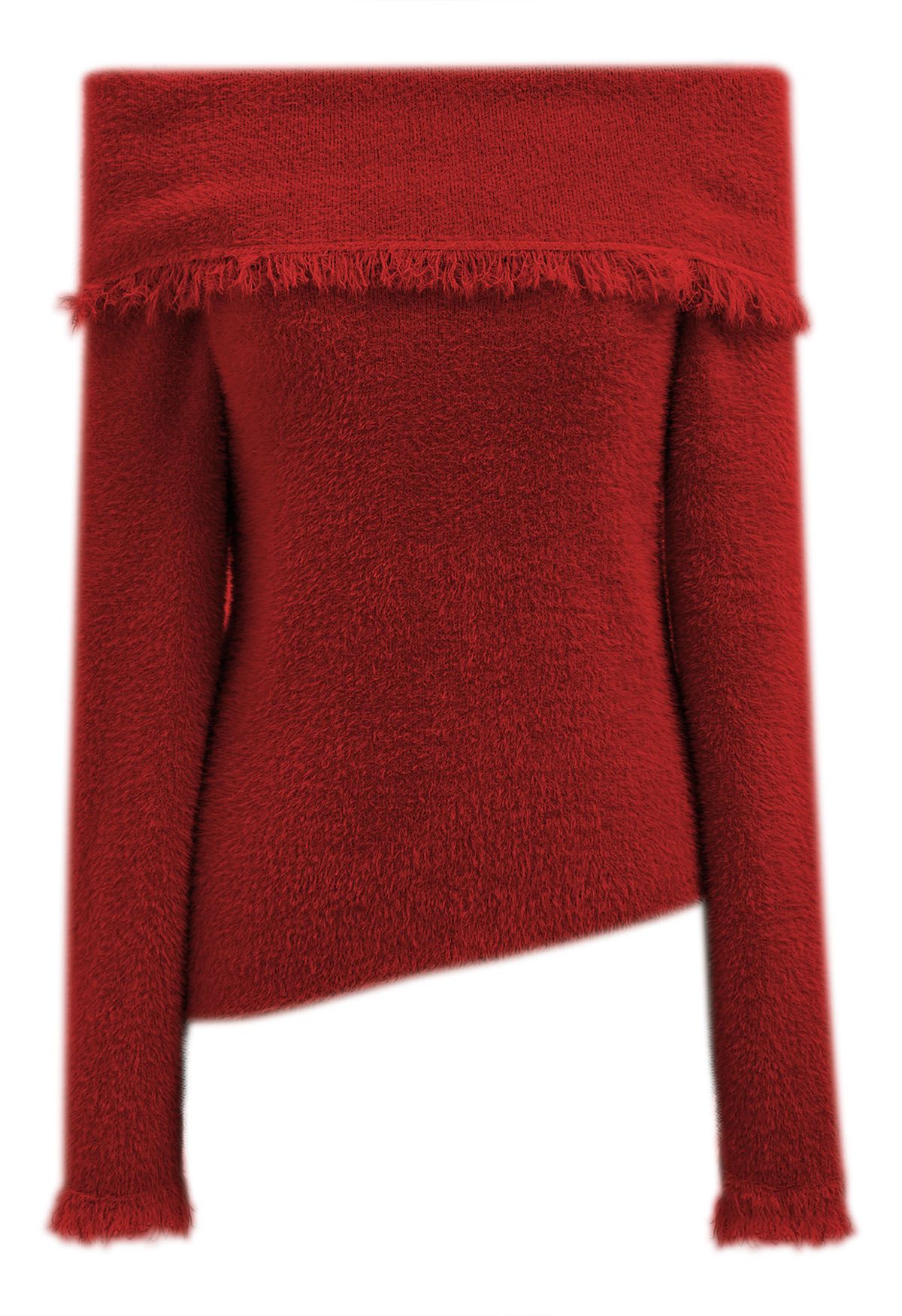 Tassel Folded Off-Shoulder Fuzzy Knit Top in Red