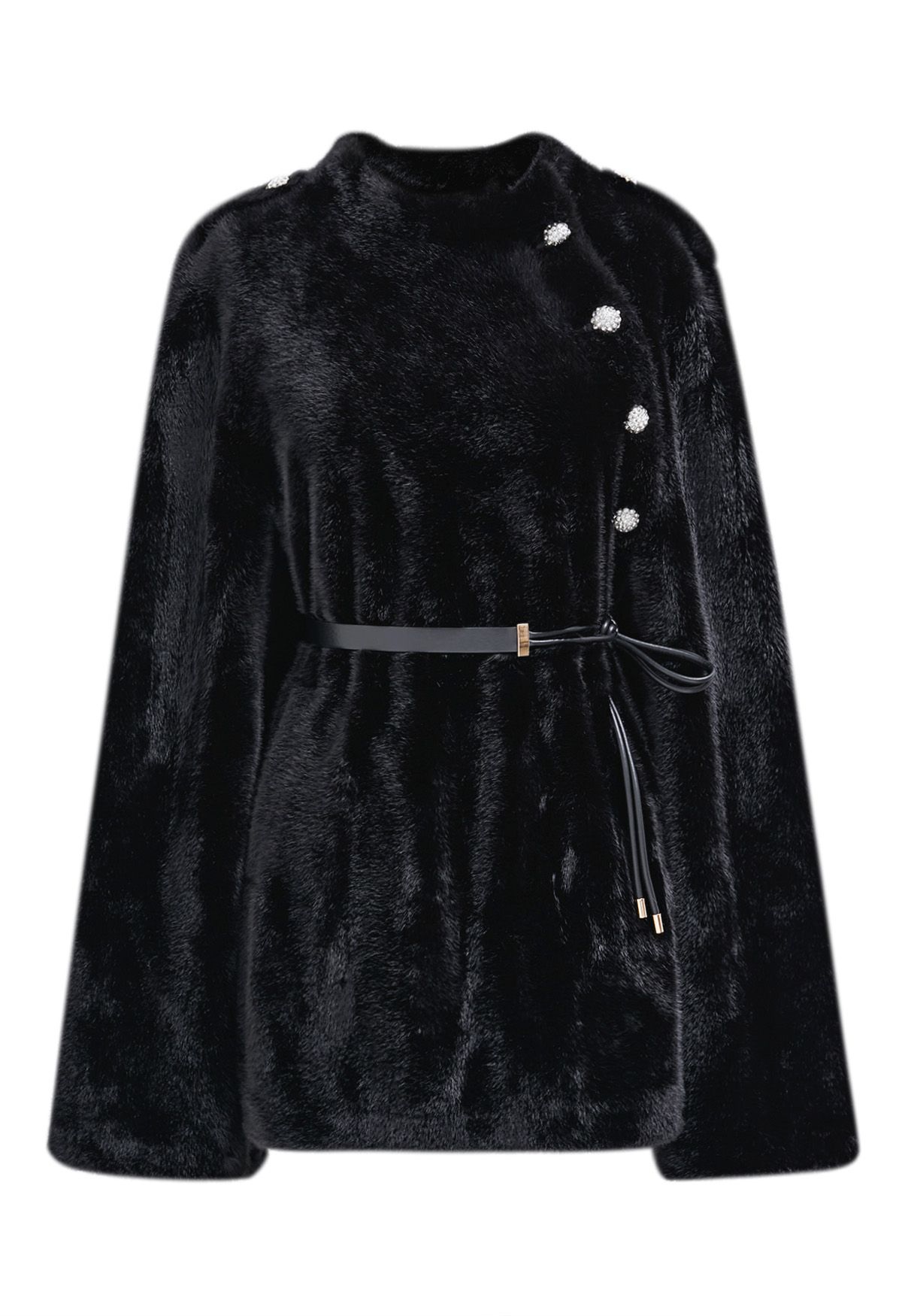 Rhinestone Button Wrap Faux Fur Cape Coat in Black