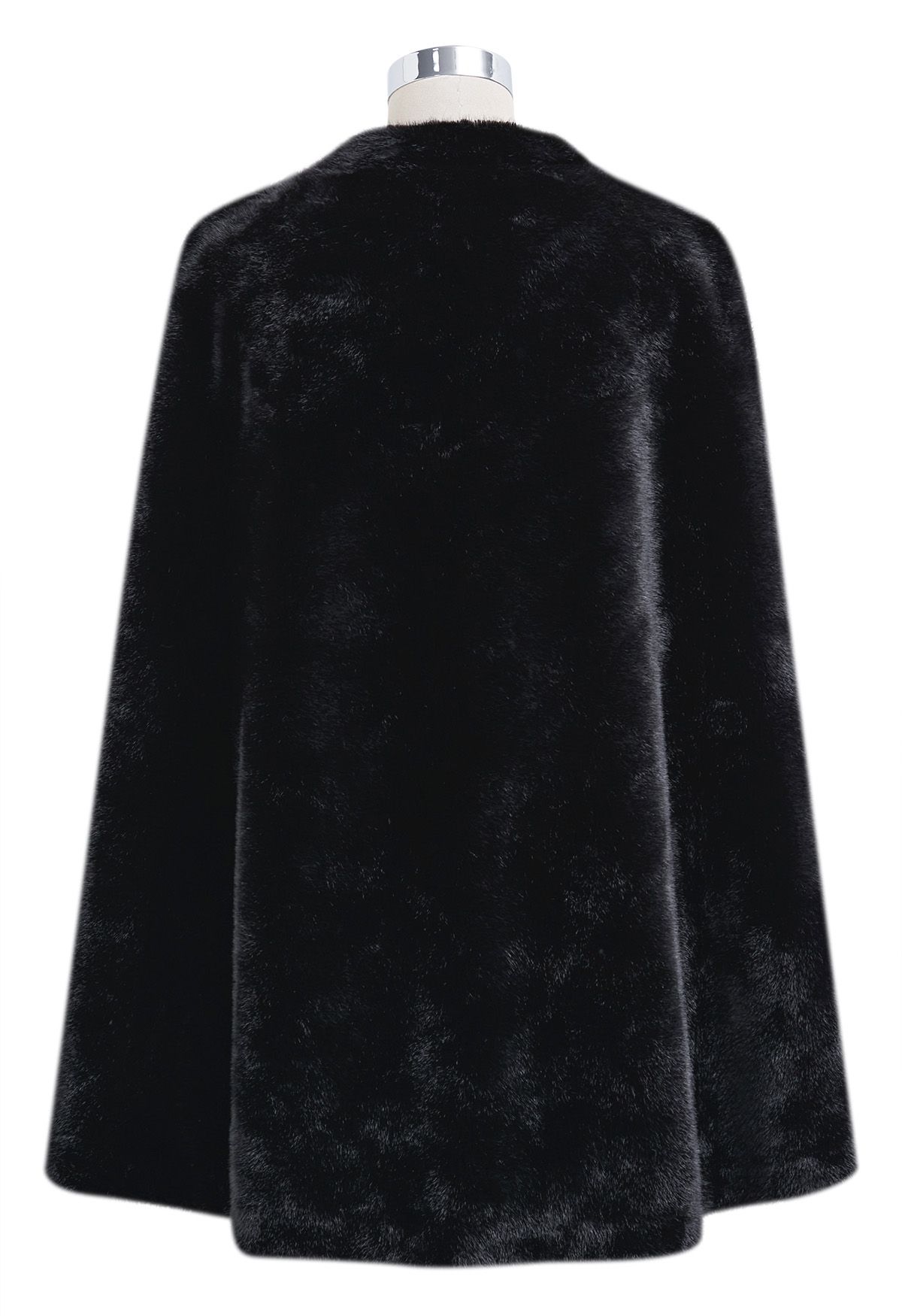 Rhinestone Button Wrap Faux Fur Cape Coat in Black