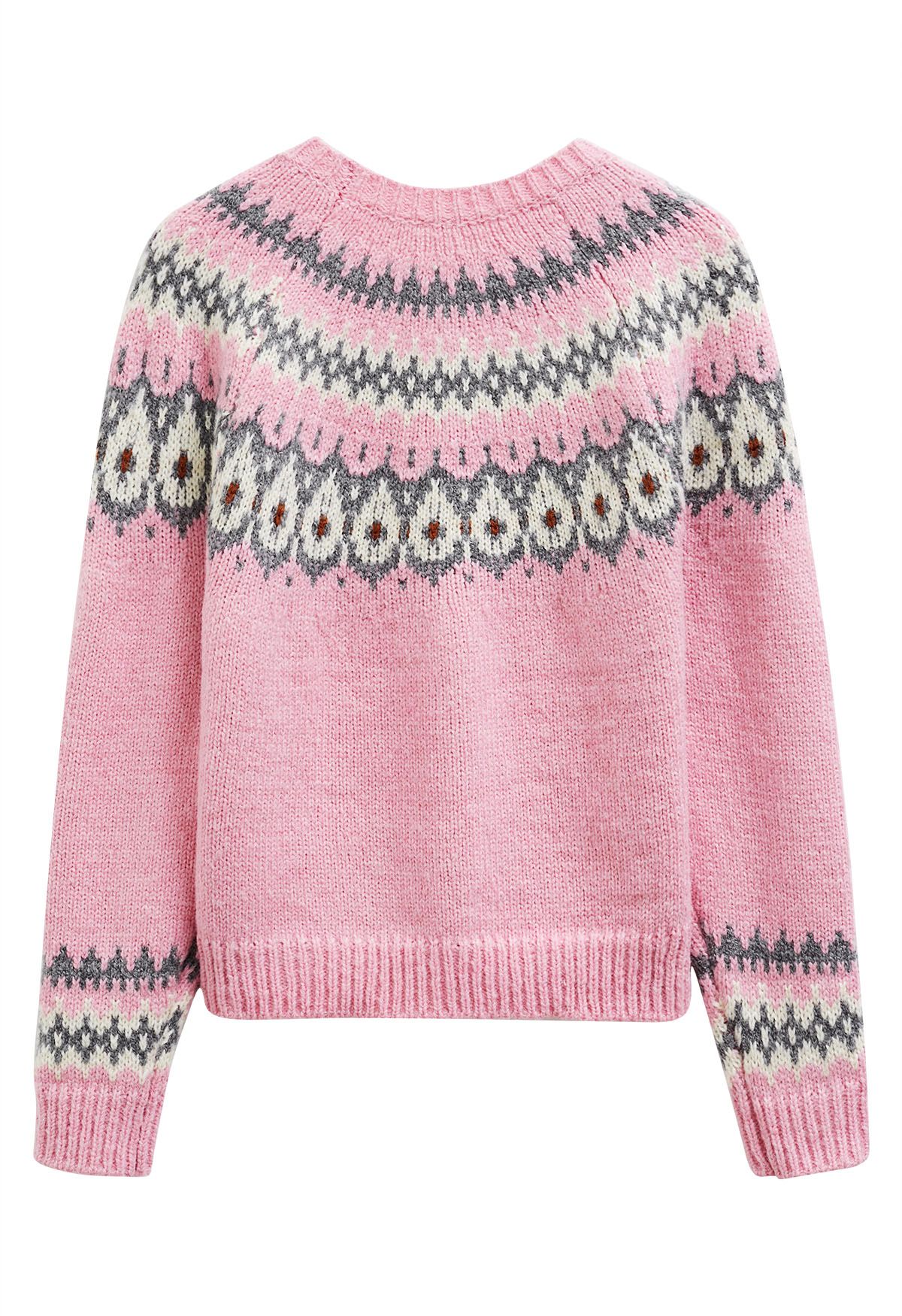 Playful Waterdrop Fair Isle Knit Sweater in Pink