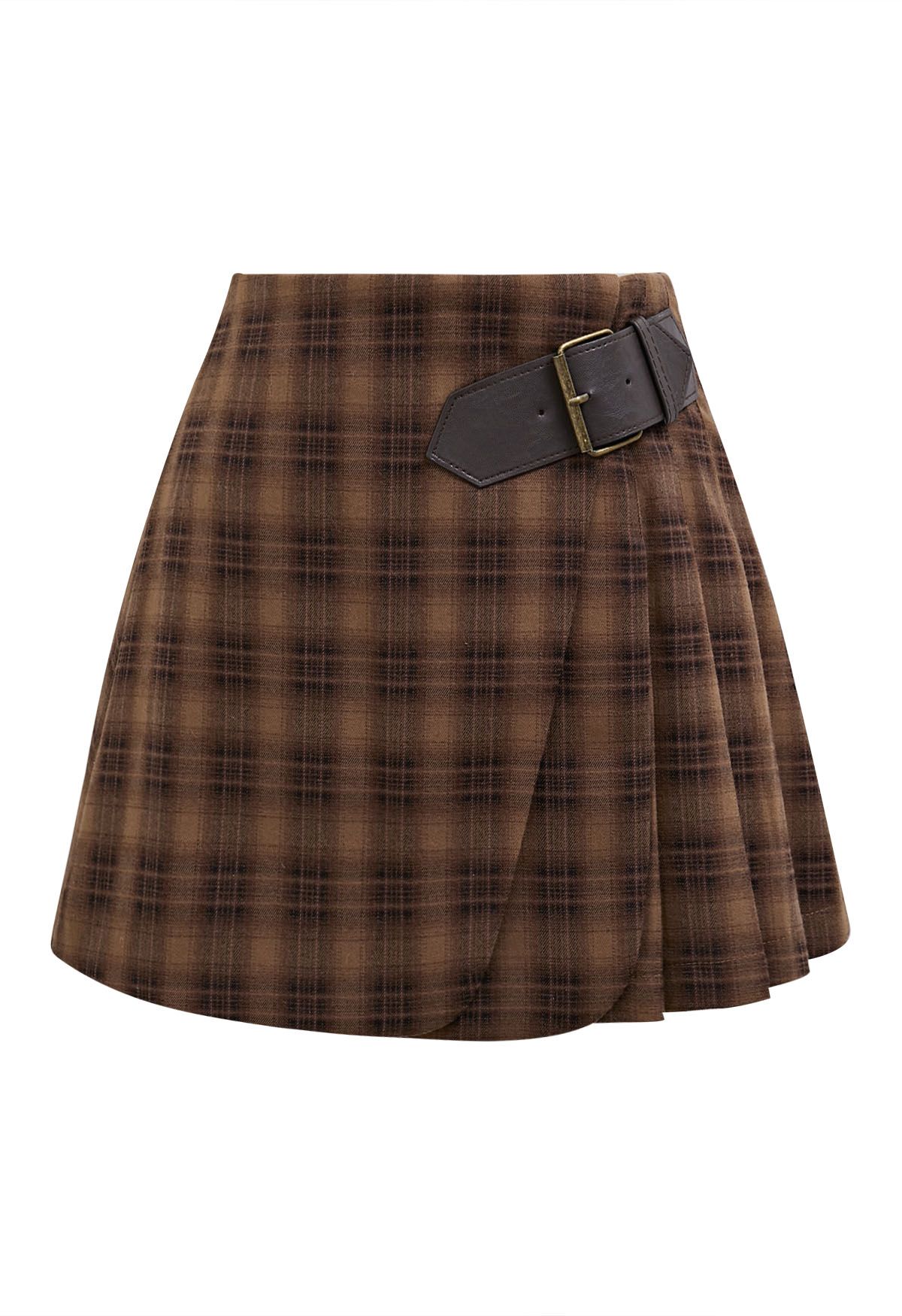 Double Flaps Plaid Belted Pleated Mini Skirt in Caramel