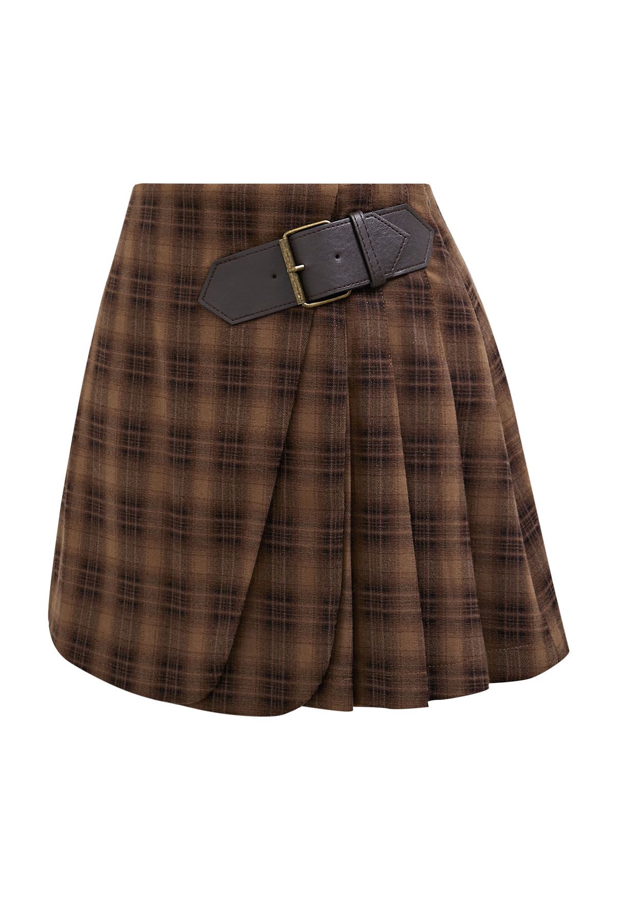 Double Flaps Plaid Belted Pleated Mini Skirt in Caramel