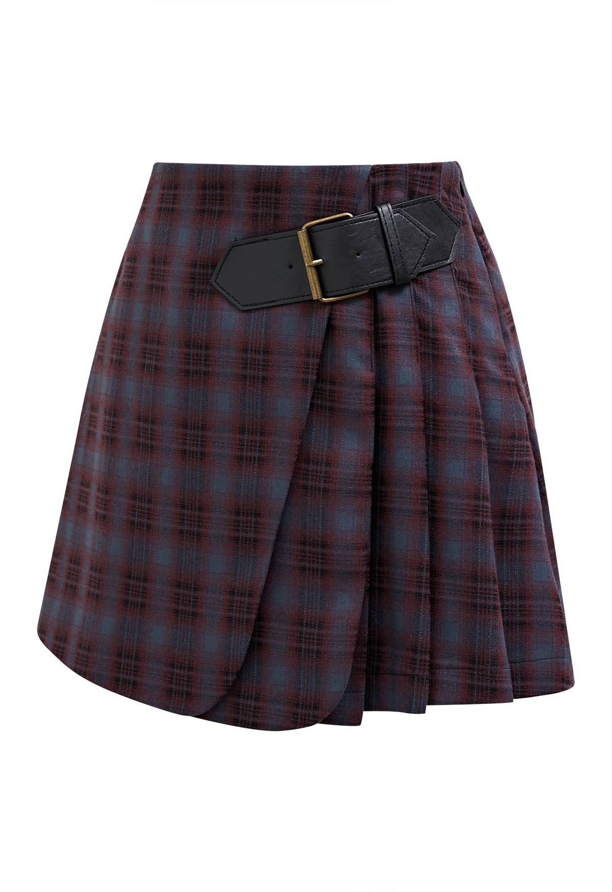 Double Flaps Plaid Belted Pleated Mini Skirt in Plum