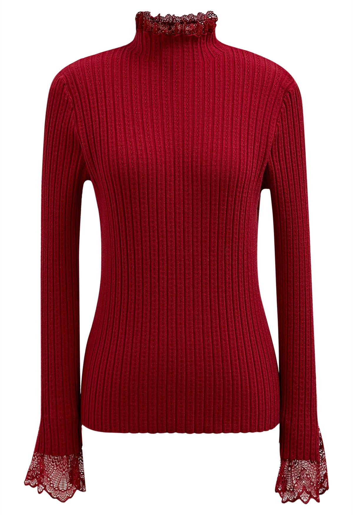 Lace Trim Mock Neck Ribbed Knit Top in Red