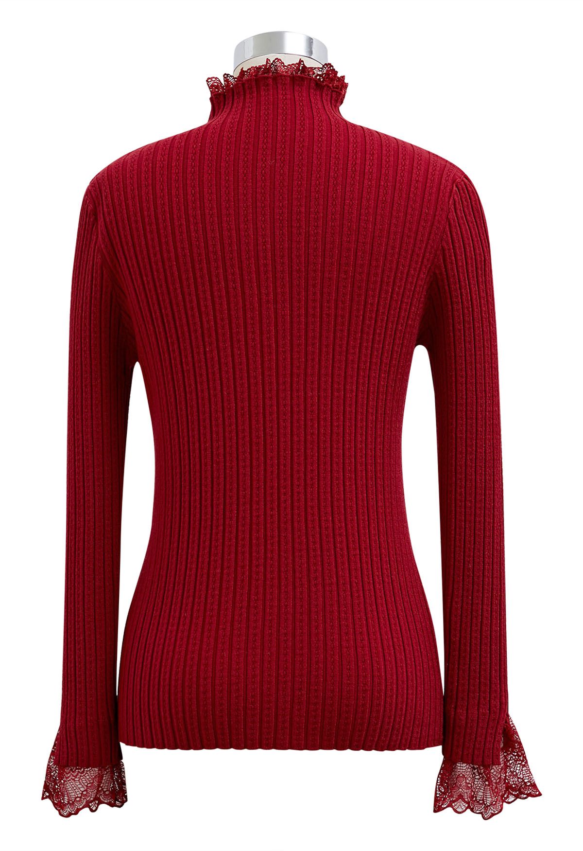 Lace Trim Mock Neck Ribbed Knit Top in Red