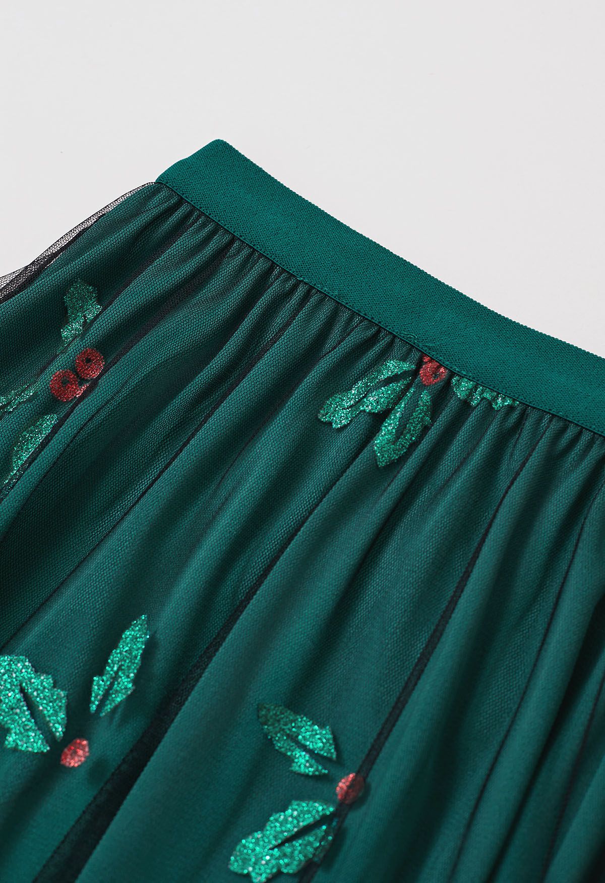 Joyful Holly Mesh Tulle Midi Skirt in Dark Green