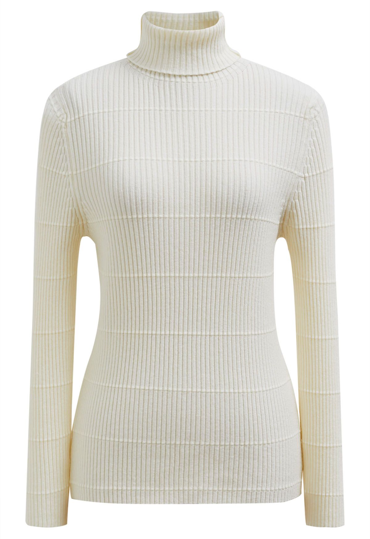 Softness Turtleneck Ribbed Texture Knit Top in Cream