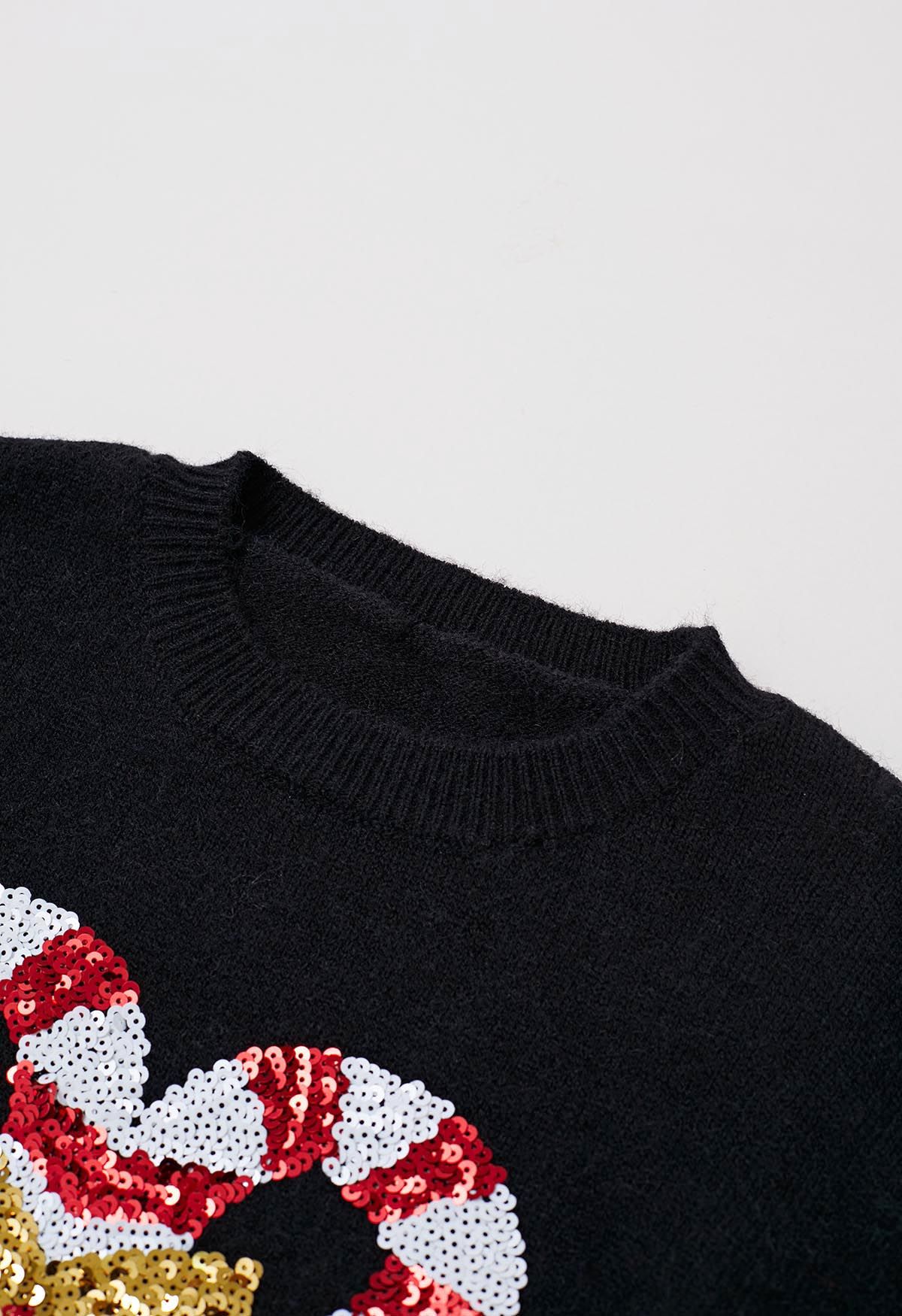 Sequin Bowknot Candy Cane Knit Sweater in Black