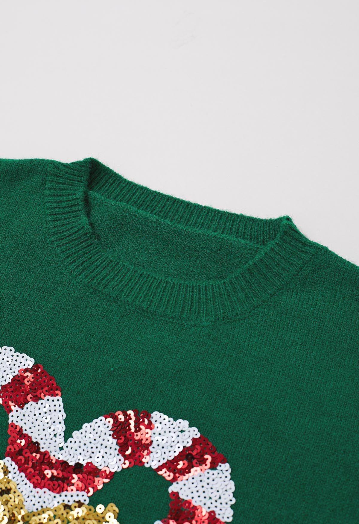 Sequin Bowknot Candy Cane Knit Sweater in Green