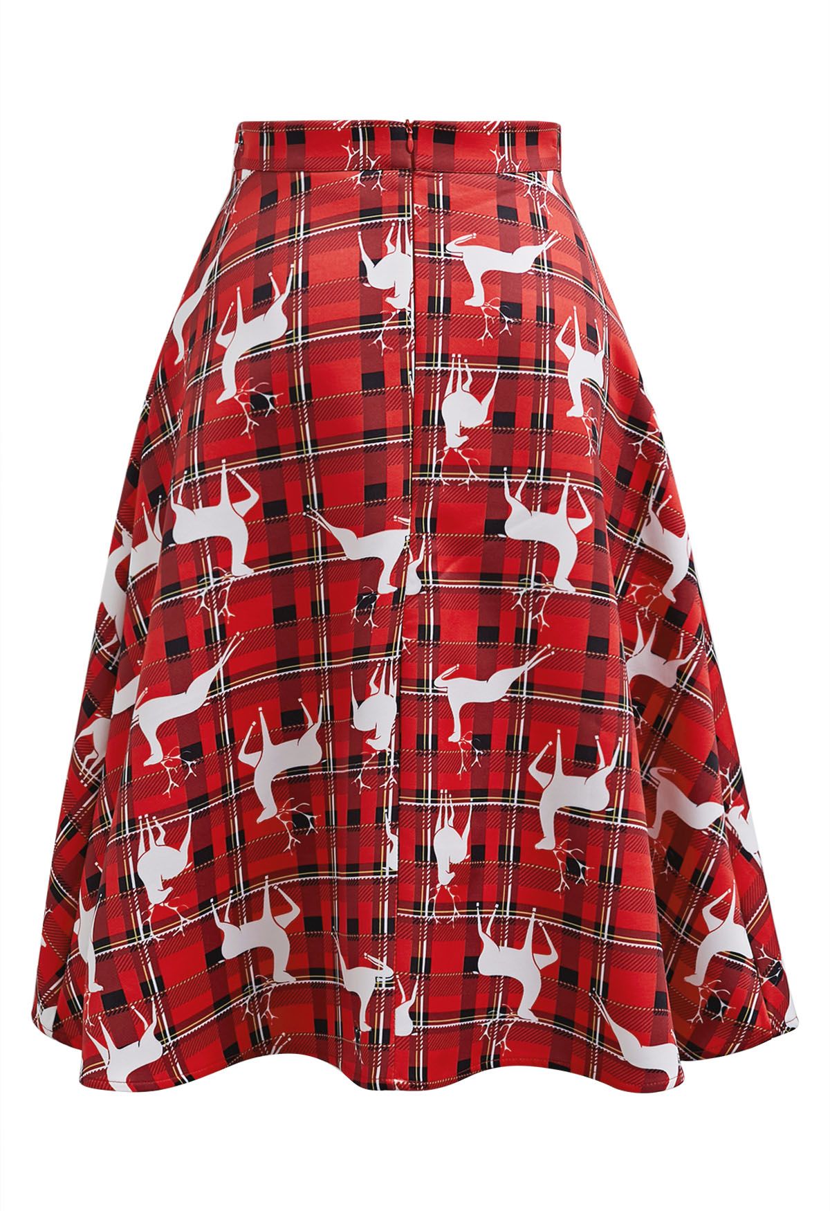 Festive Reindeer Plaid Flare Midi Skirt