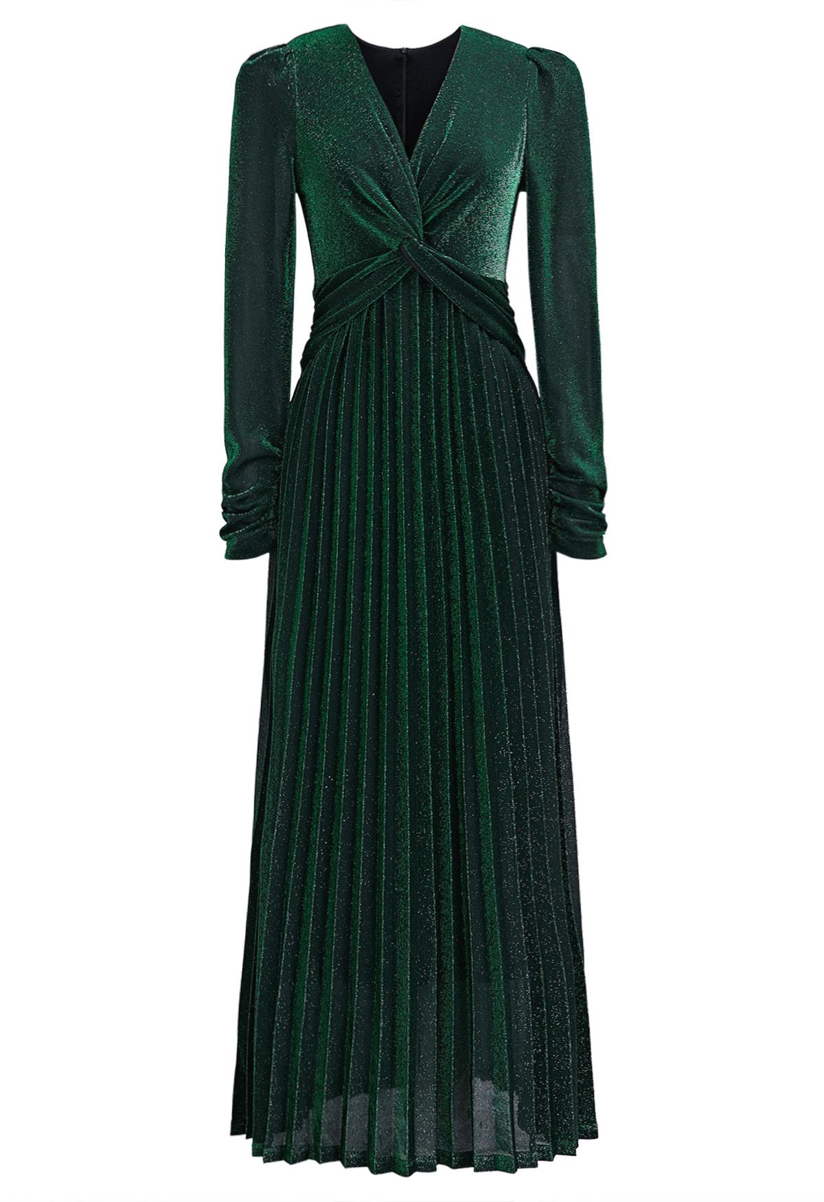 Glistening Twisted Front Pleated Maxi Dress in Emerald