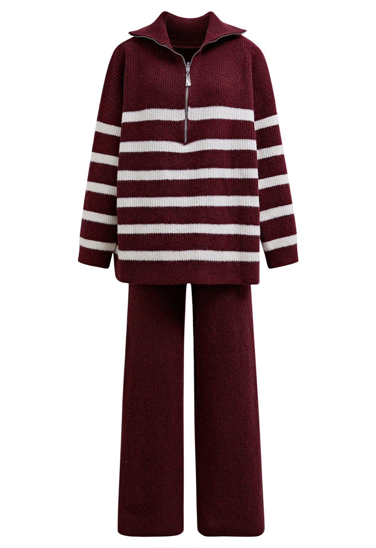 Burgundy Stripes Half-Zip Sweater and Pants Set