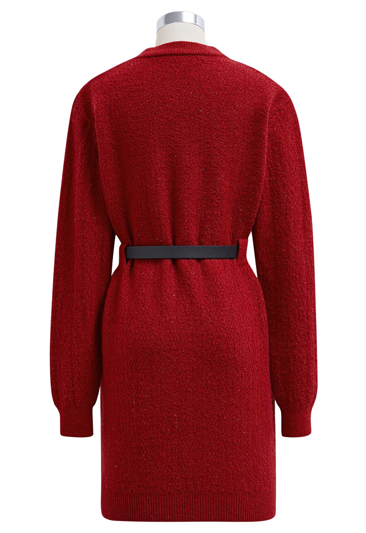 Patch Pocket Belted Mini Sweater Dress in Red