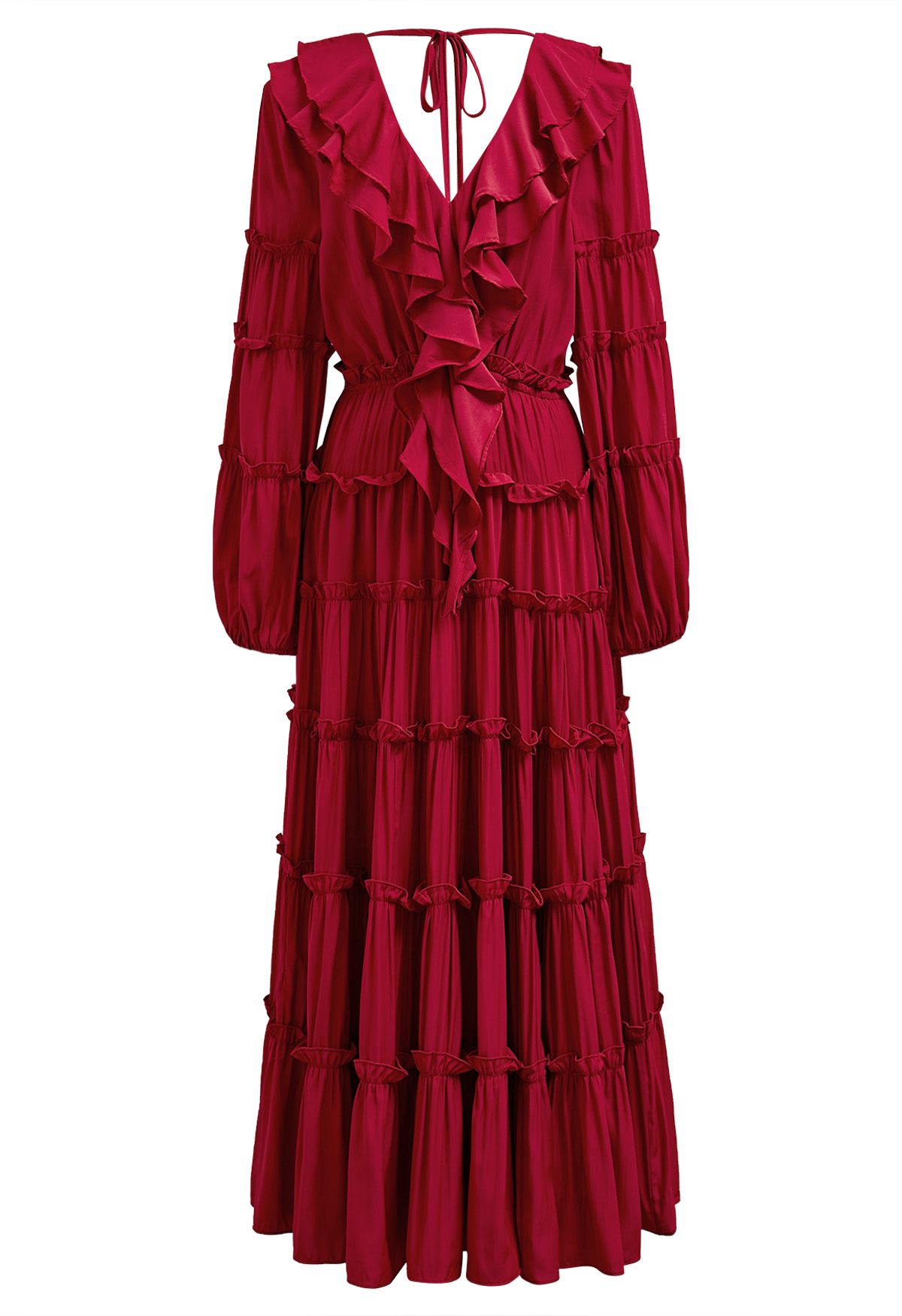 Dramatic Tiered Ruffles V-Neck Maxi Dress in Red