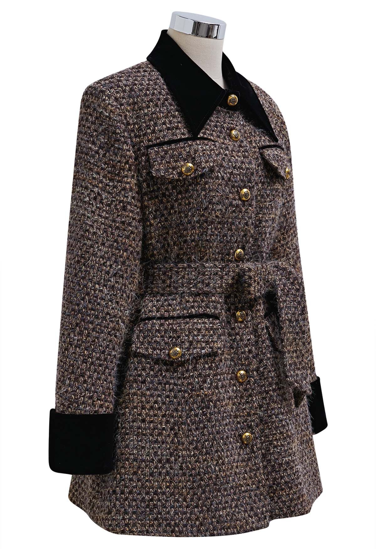 Fuzzy Velvet Spliced Tweed Buttoned Blazer Dress in Brown