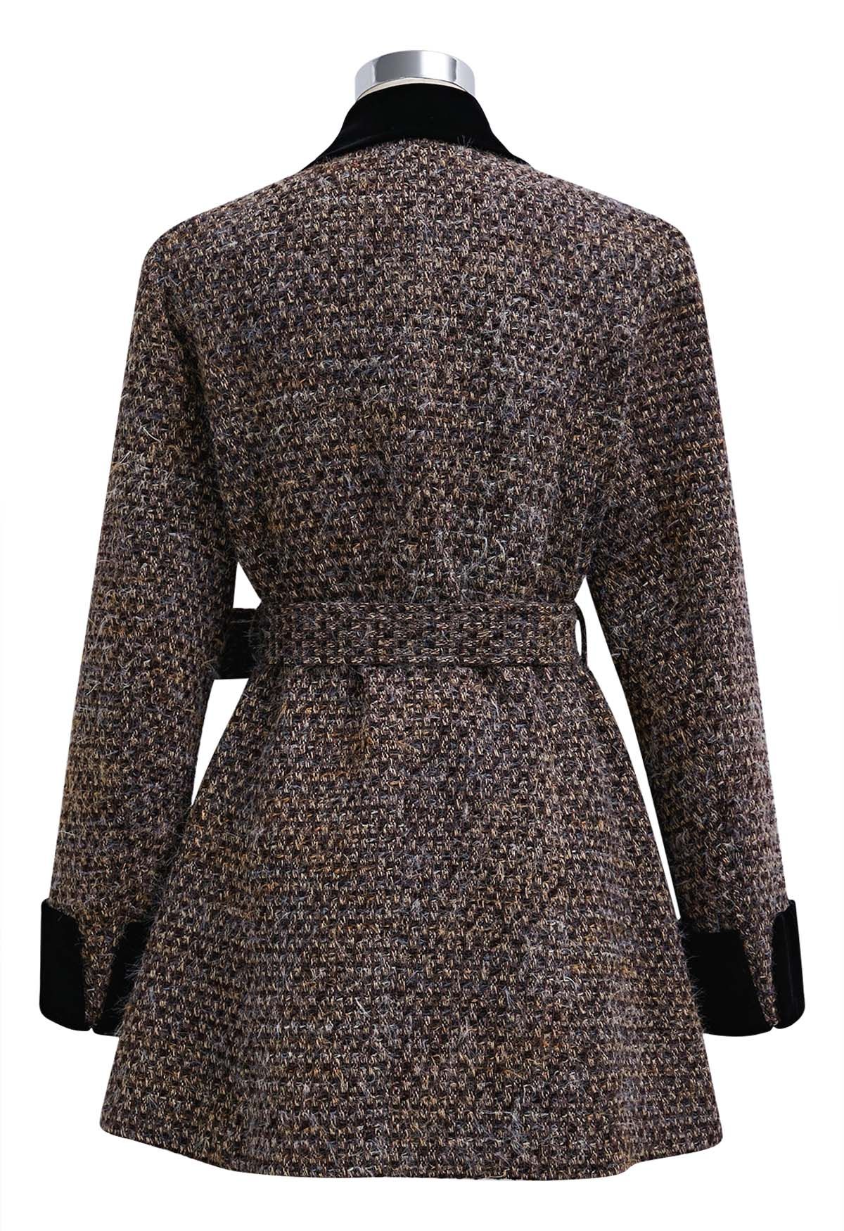 Fuzzy Velvet Spliced Tweed Buttoned Blazer Dress in Brown