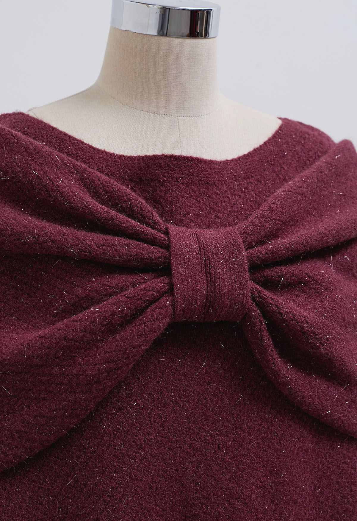 Bowknot 2 Pieces Metallic Mix Knit Sweater Dress in Plum