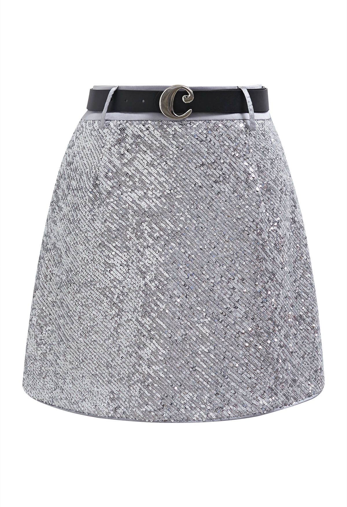 Sparkling Sequin Belted Mini Bud Skirt in Silver