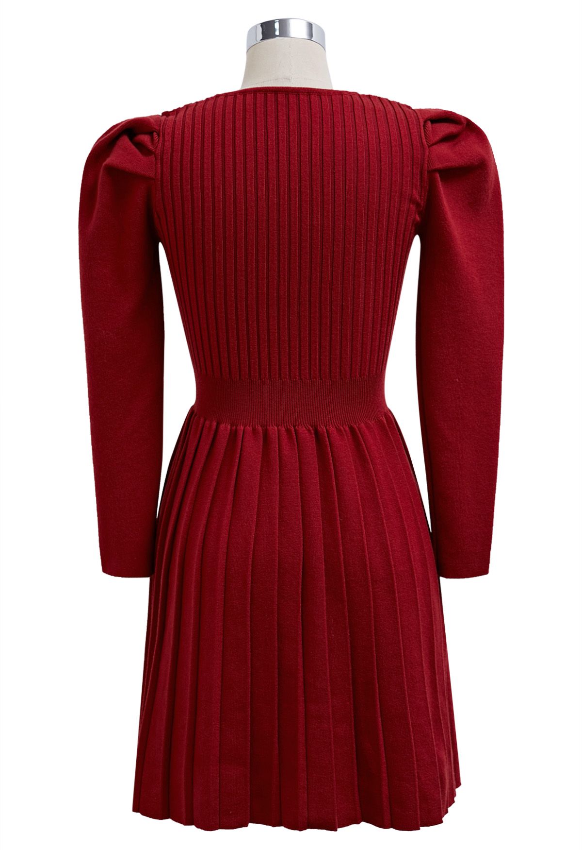 Delicate Bow Puff Sleeve Pleated Knit Mini Dress in Red