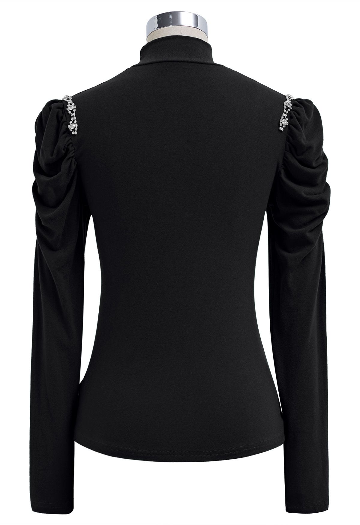 Rhinestone Decor Ruched Shoulder Mock Neck Top in Black