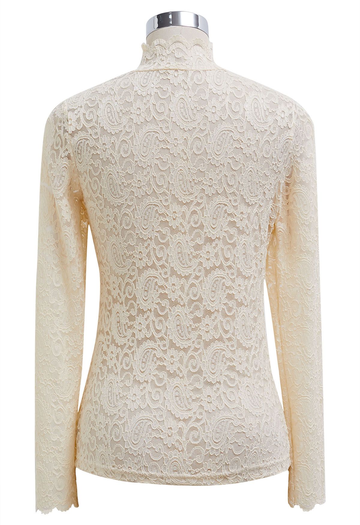 Ruched Front Full Lace High Neck Top in Cream