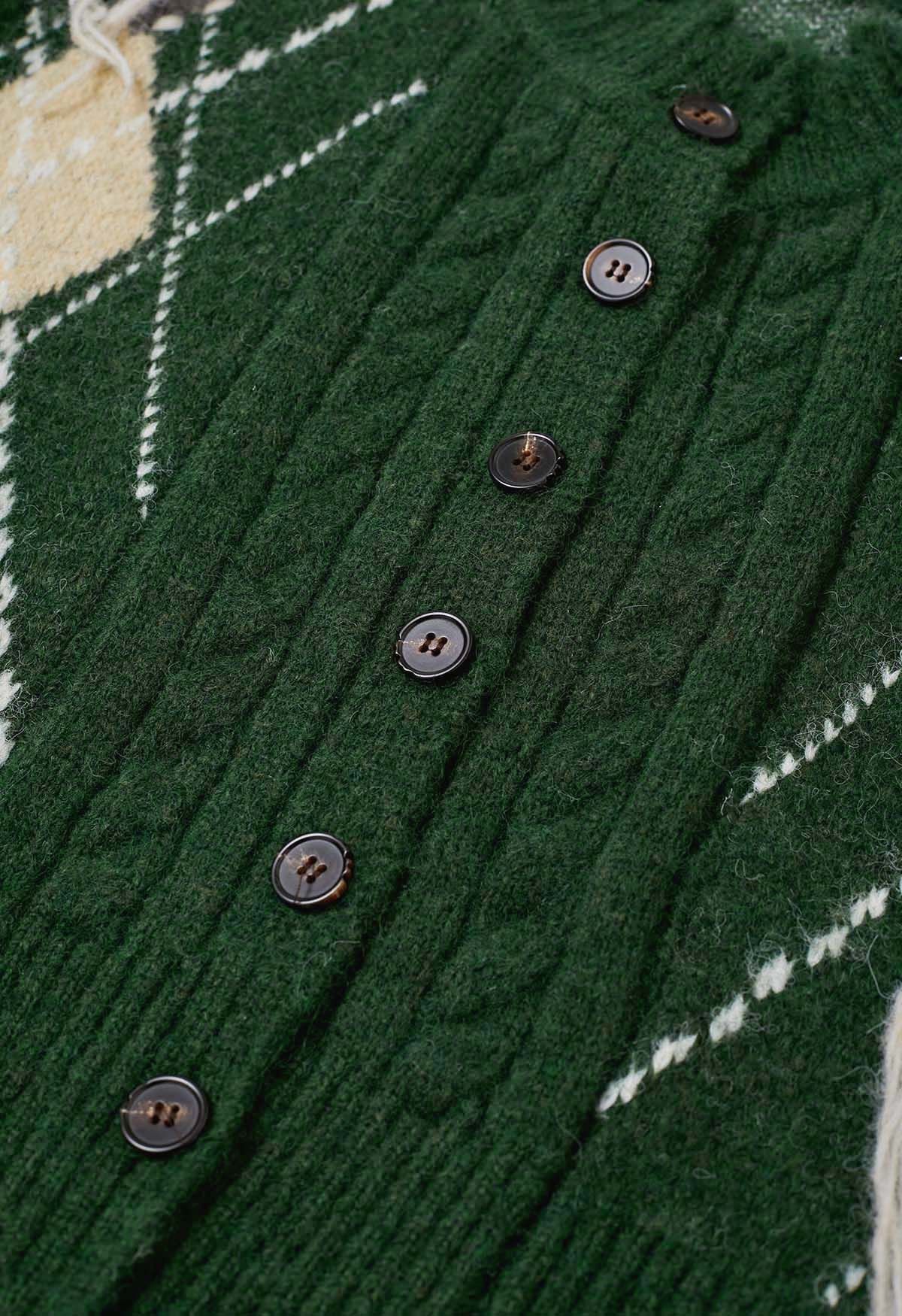 Argyle Pattern Frayed Edge Buttoned Crop Cardigan in Dark Green